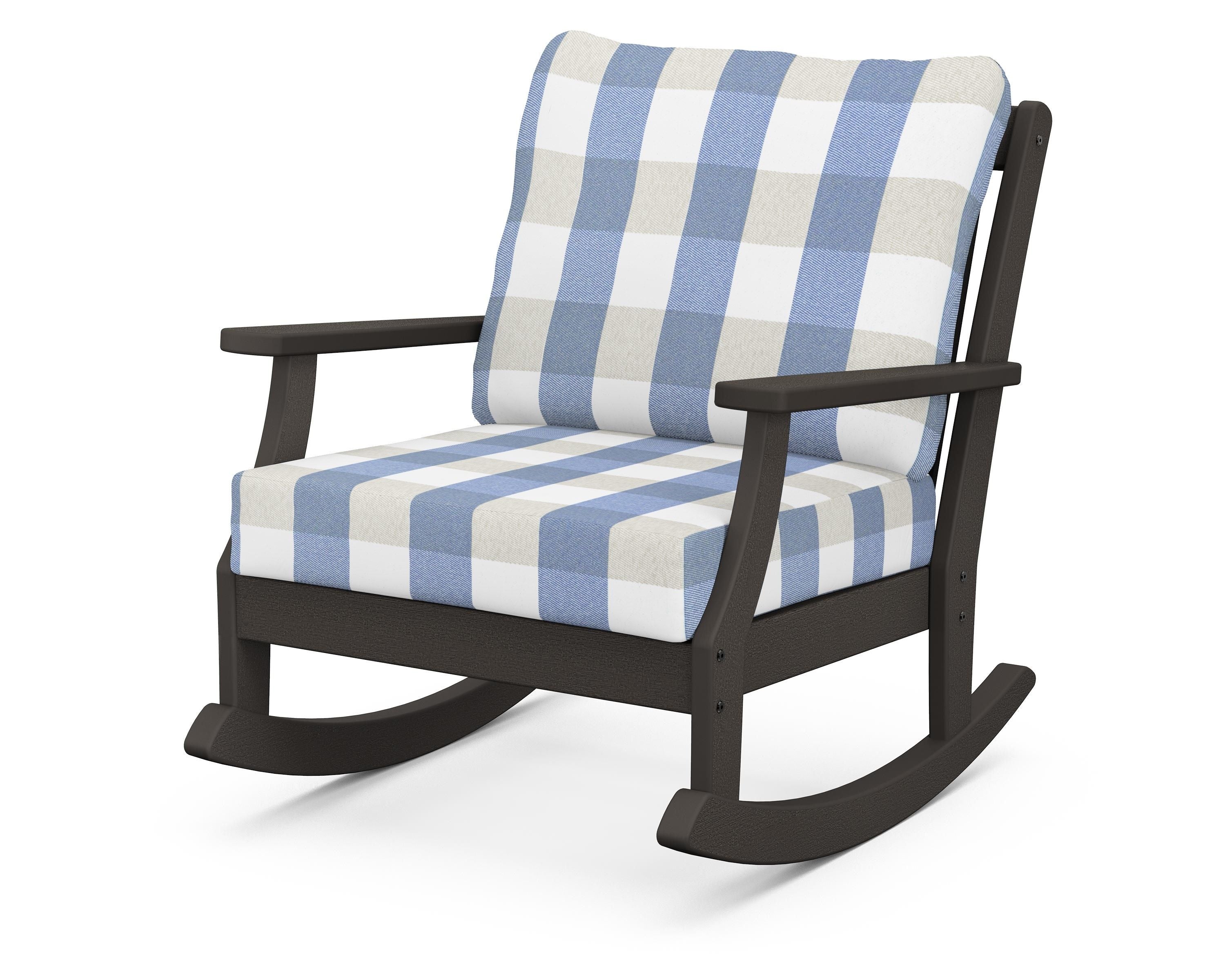 POLYWOOD® Braxton Deep Seating Rocking Chair in Vintage Coffee / Buffalo Plaid Sky Blue