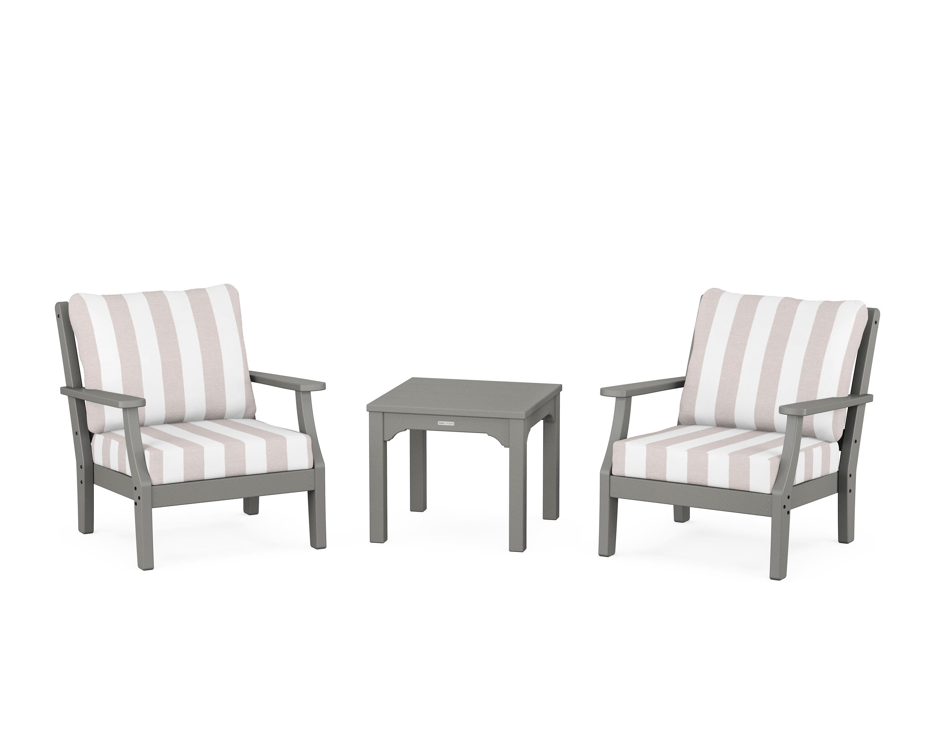 Martha Stewart by POLYWOOD® Chinoiserie 3-Piece Deep Seating Set in Slate Grey / Cabana Stripe Dune Burlap