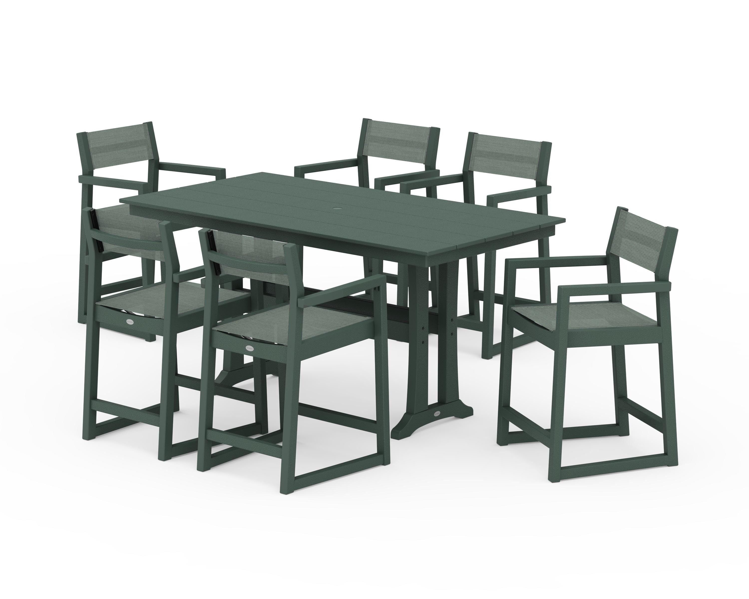 POLYWOOD® EDGE Sling Arm Chair 7-Piece Farmhouse Counter Set with Trestle Legs in Green / Dupioni Sea Mist Sling