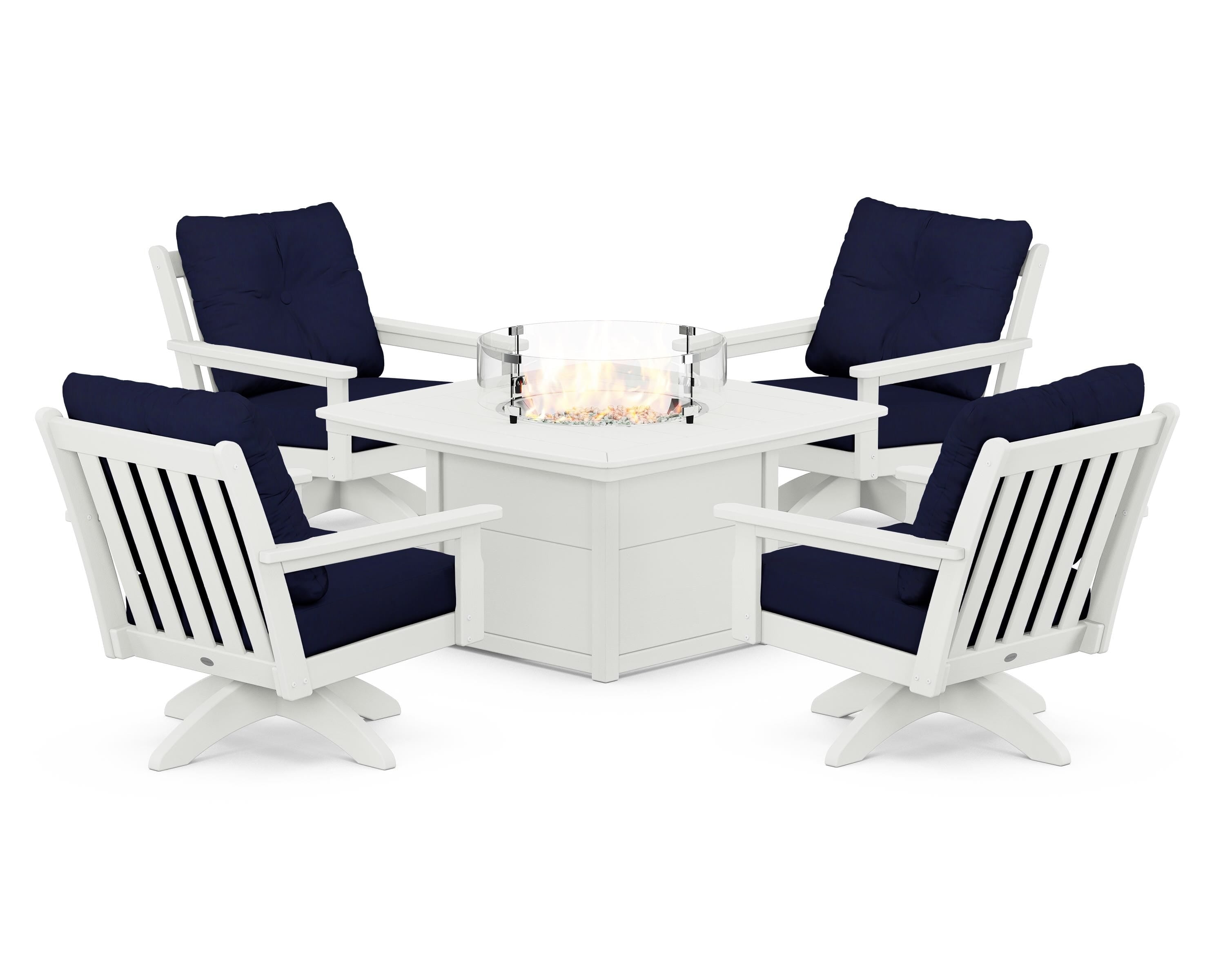 POLYWOOD® Vineyard 5-Piece Deep Seating Swivel Conversation Set with Fire Pit Table in Vintage White / Navy