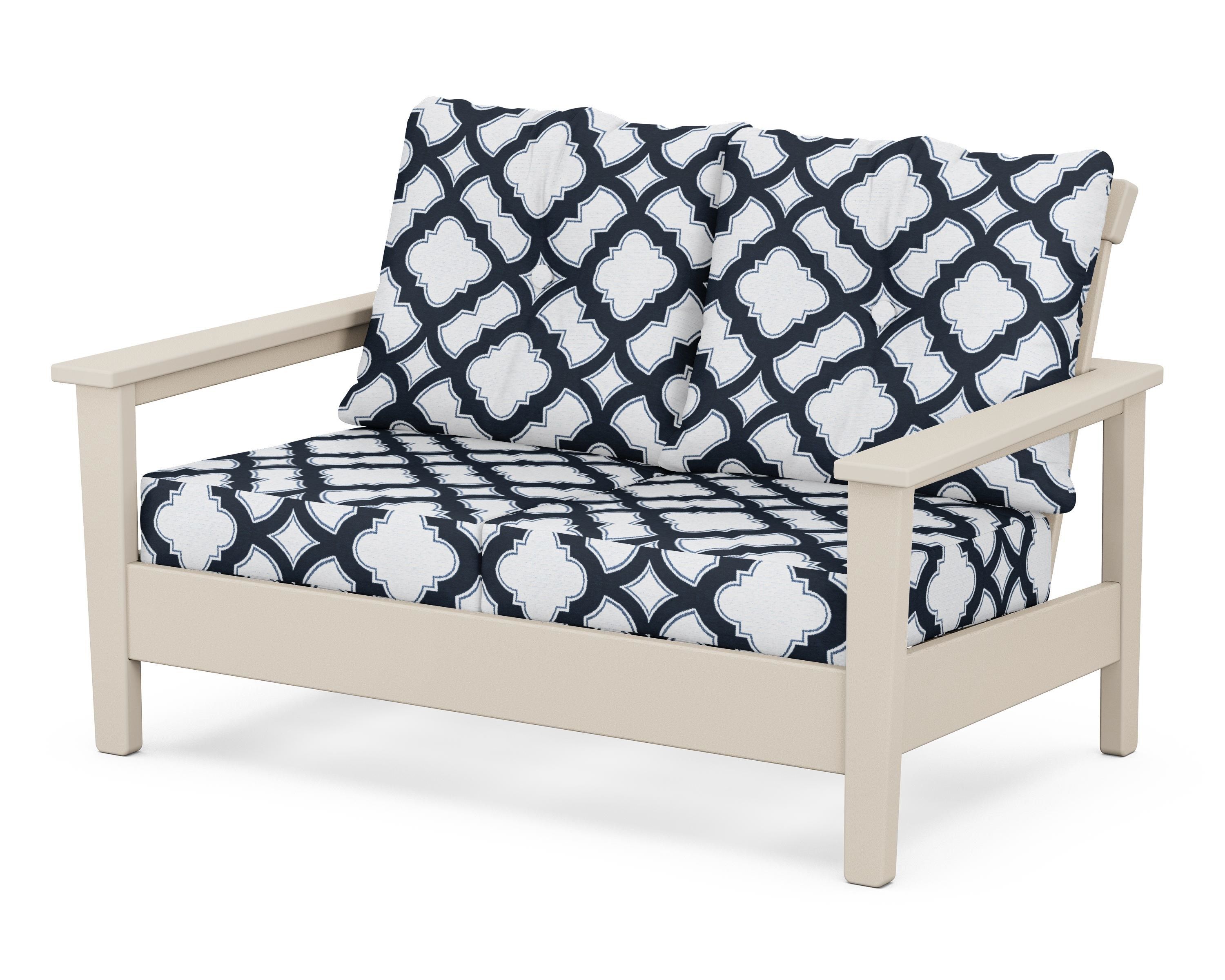 POLYWOOD® Prescott Deep Seating Loveseat in Sand / Trellis Marine Indigo