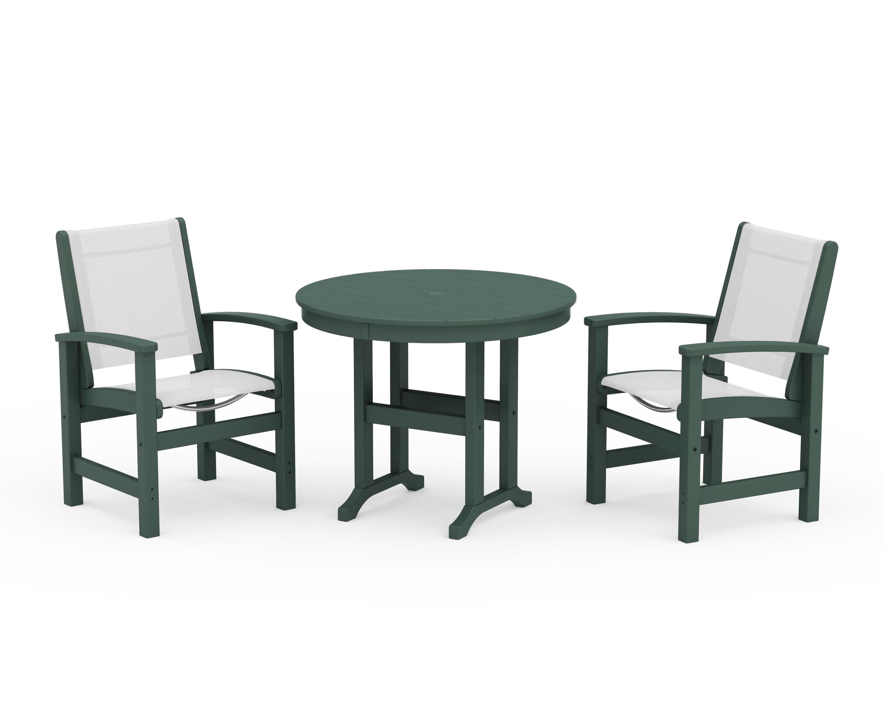 POLYWOOD® Coastal 3-Piece Round Dining Set in Green / White Sling