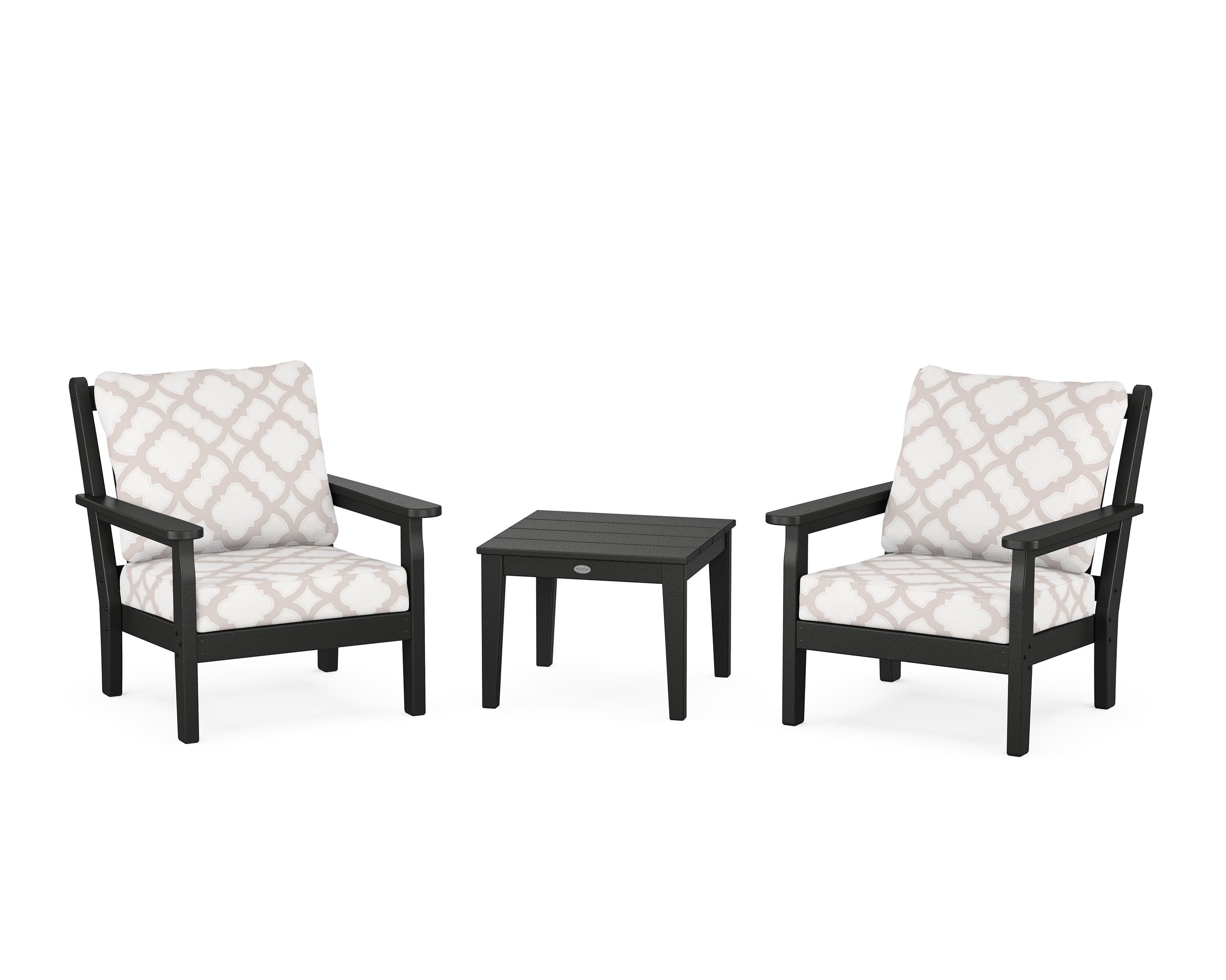 POLYWOOD® Chippendale 3-Piece Deep Seating Set in Black / Trellis Dune Burlap