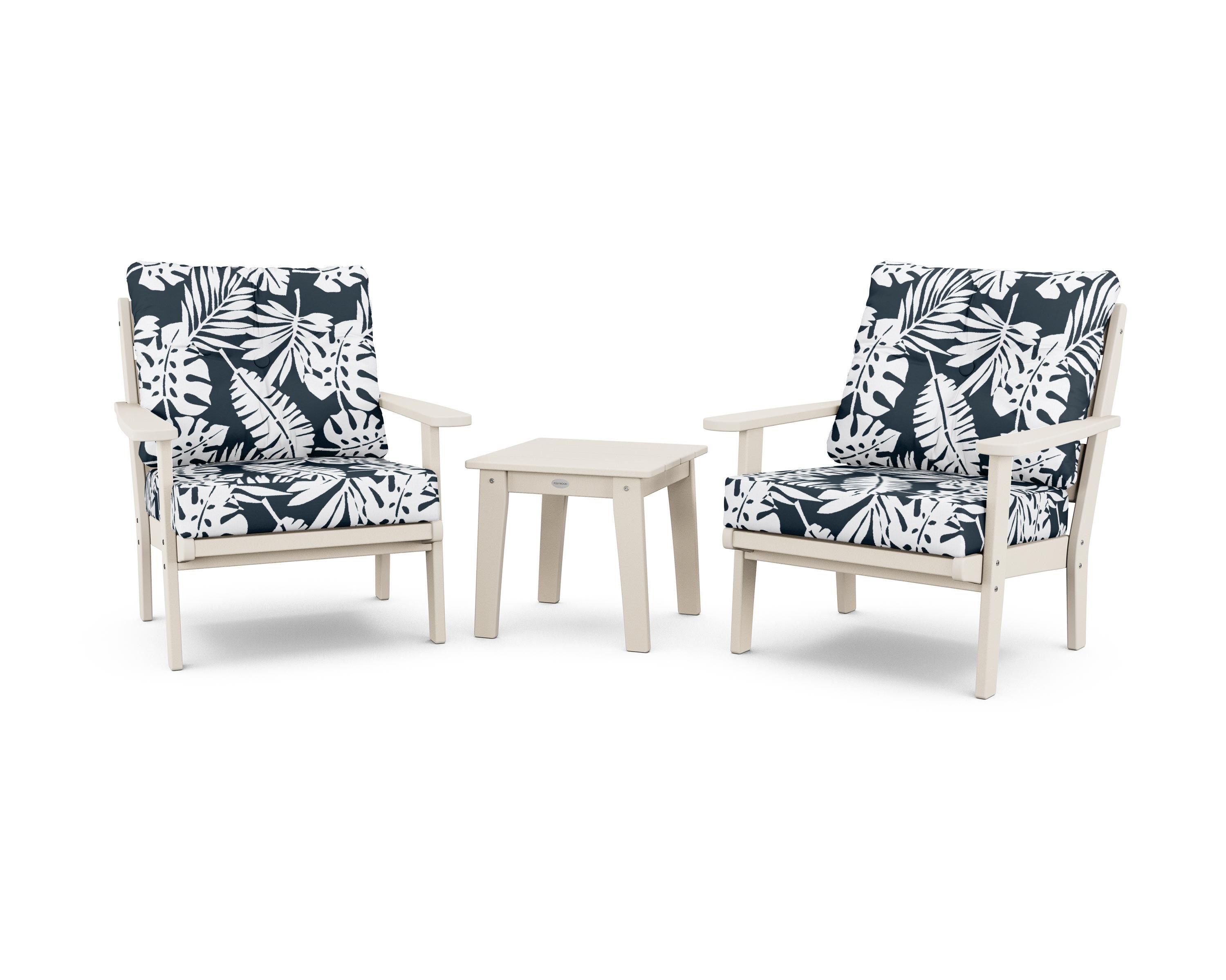 POLYWOOD® Lakeside 3-Piece Deep Seating Chair Set in Sand / Leaf Marine Indigo