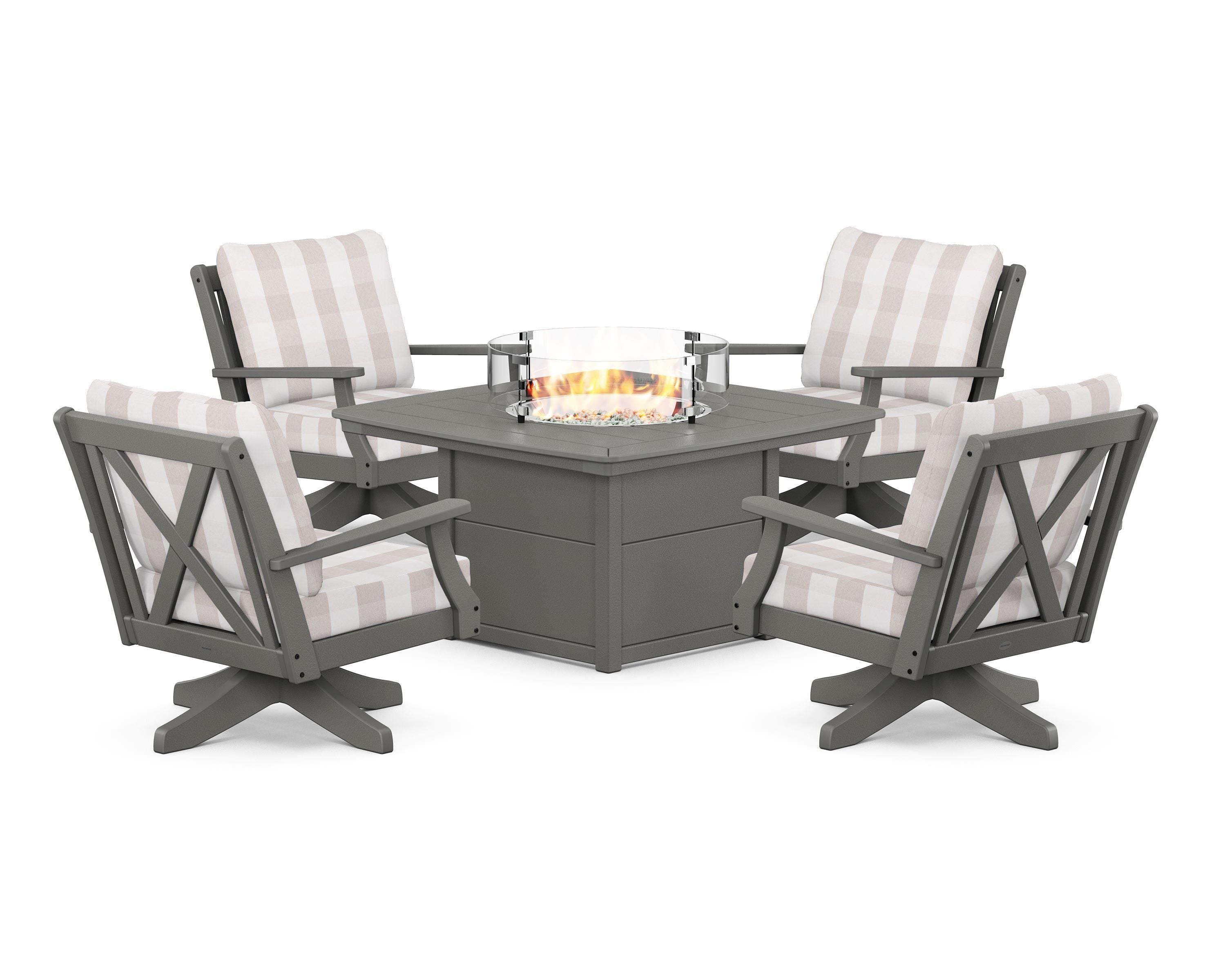 POLYWOOD® Braxton 5-Piece Deep Seating Swivel Conversation Set with Fire Pit Table in Slate Grey / Buffalo Plaid Dune Burlap