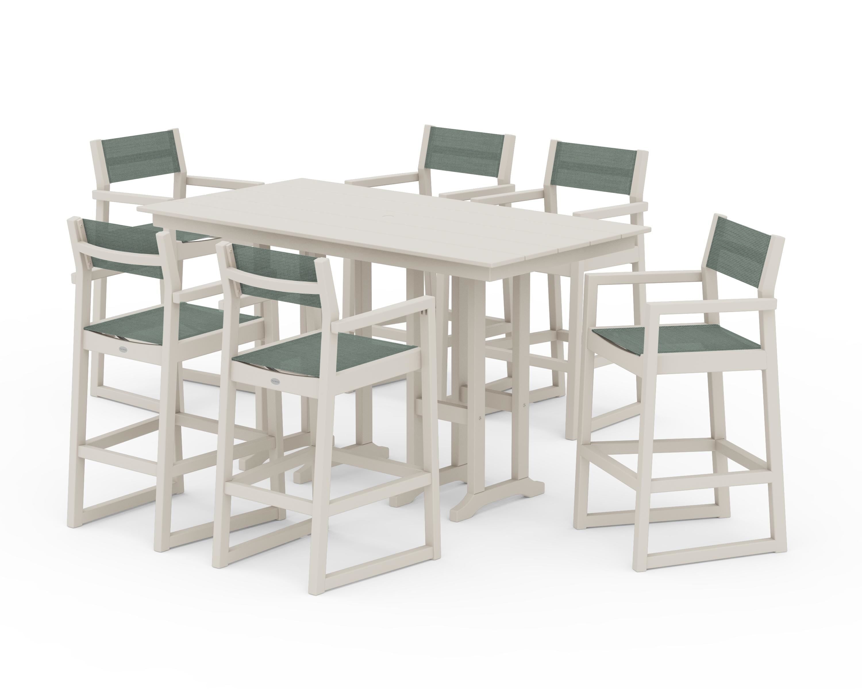 POLYWOOD® EDGE Sling Arm Chair 7-Piece Farmhouse Bar Set in Sand / Dupioni Sea Mist Sling
