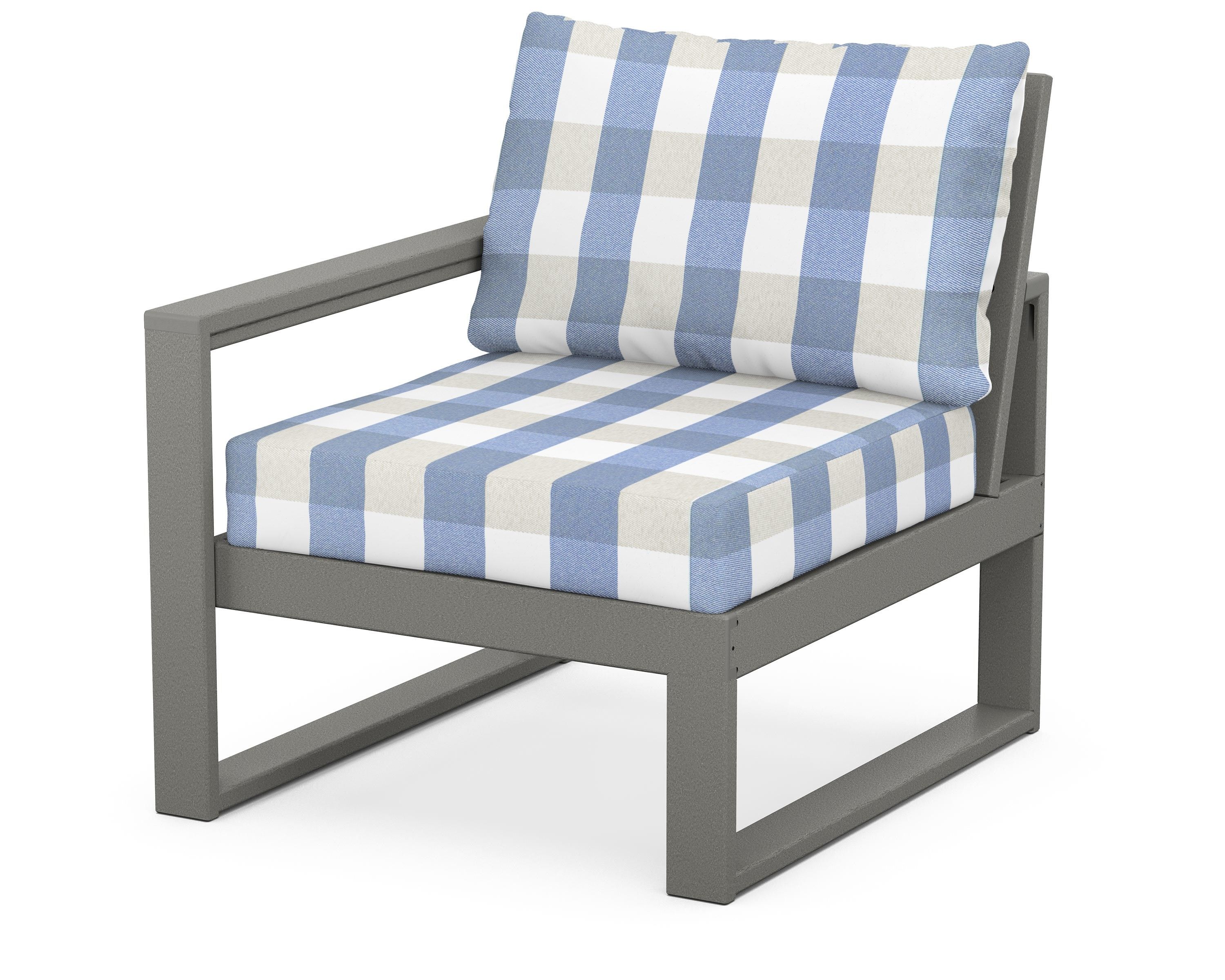 POLYWOOD® EDGE Modular Left Arm Chair in Slate Grey / Buffalo Plaid Sky Blue