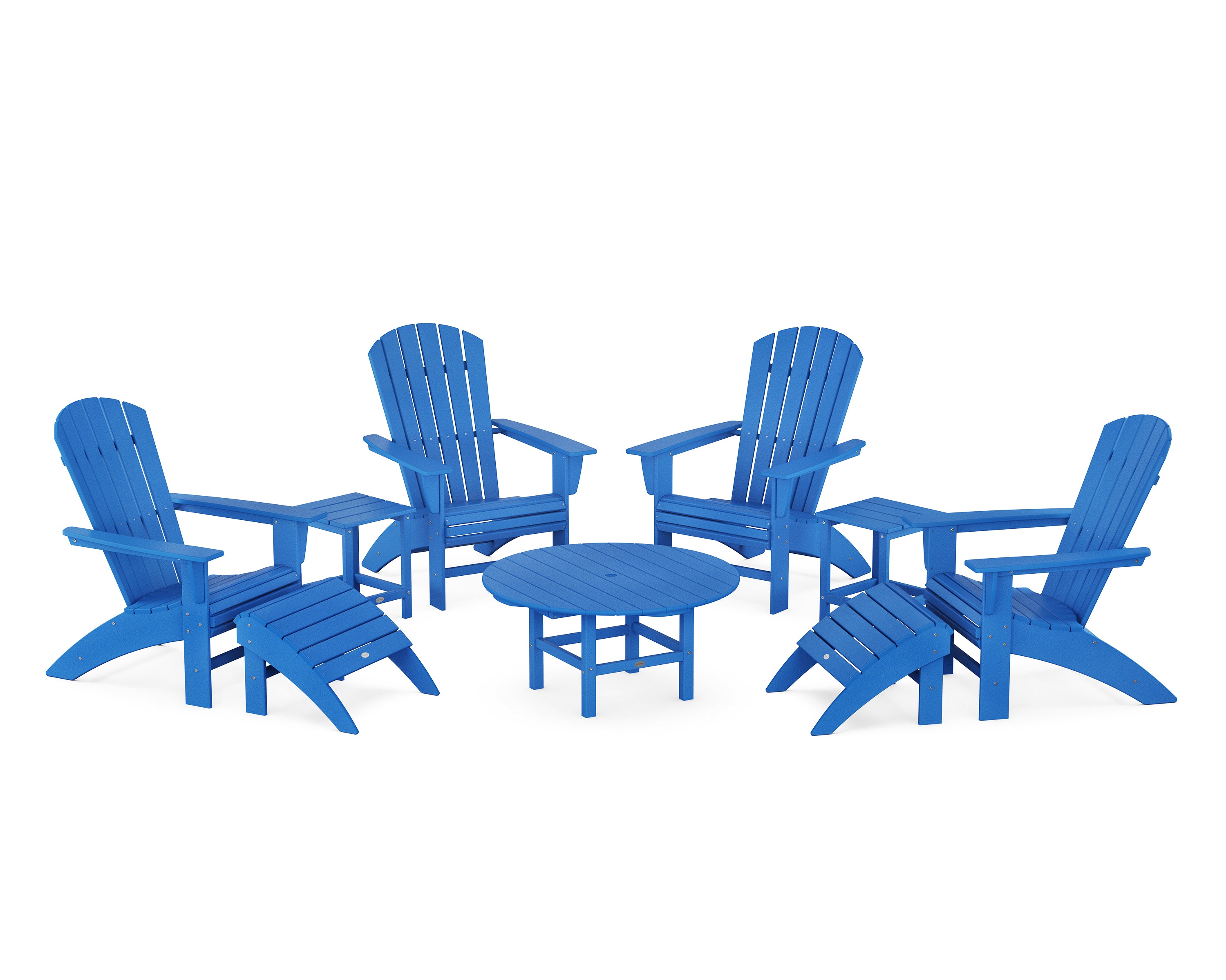 POLYWOOD® Nautical Curveback Adirondack Chair 9-Piece Conversation Set in Pacific Blue