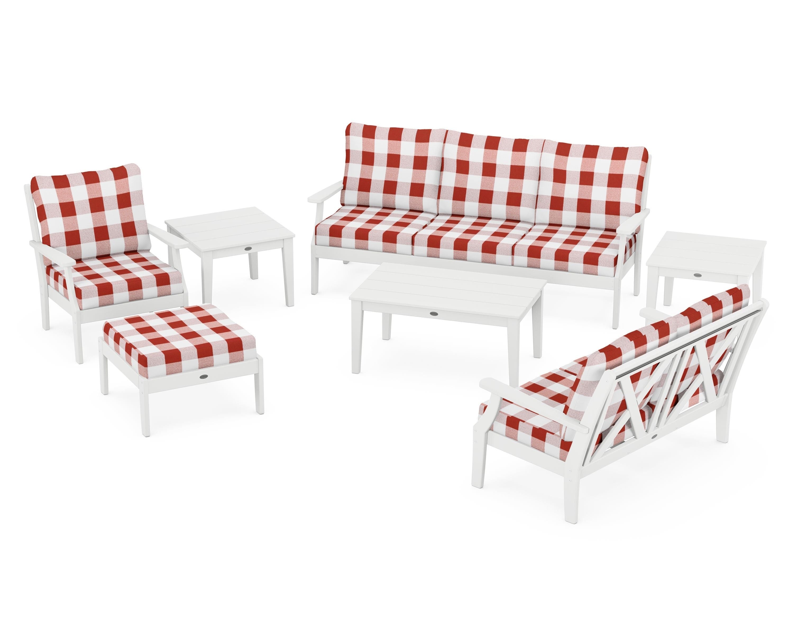 POLYWOOD® Braxton 7-Piece Deep Seating Set in White / Buffalo Plaid Crimson