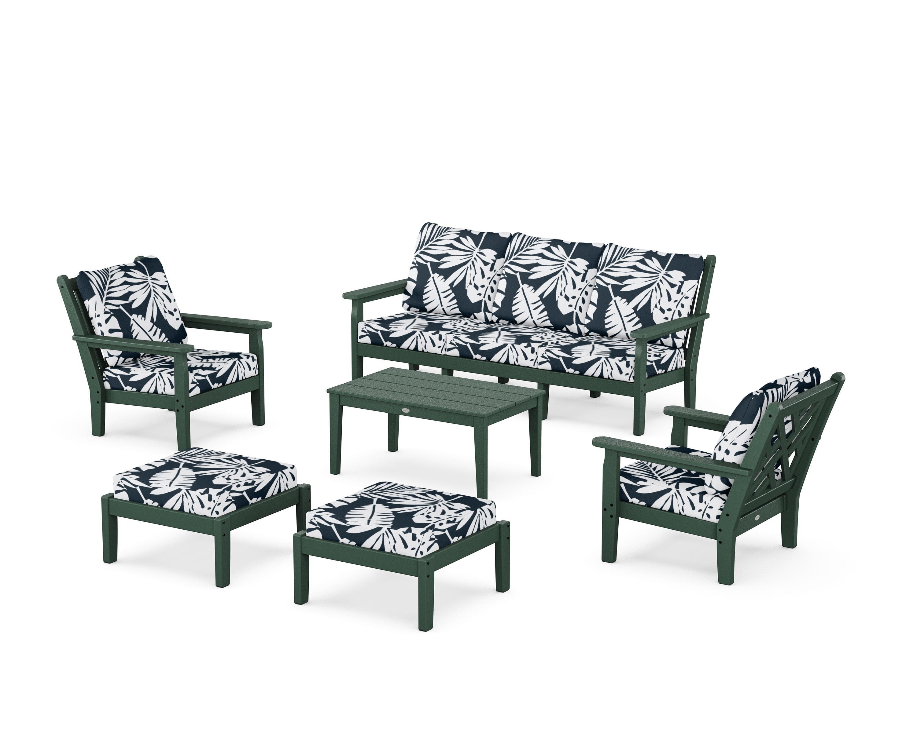 POLYWOOD® Chippendale 6-Piece Lounge Sofa Set in Green / Leaf Marine Indigo
