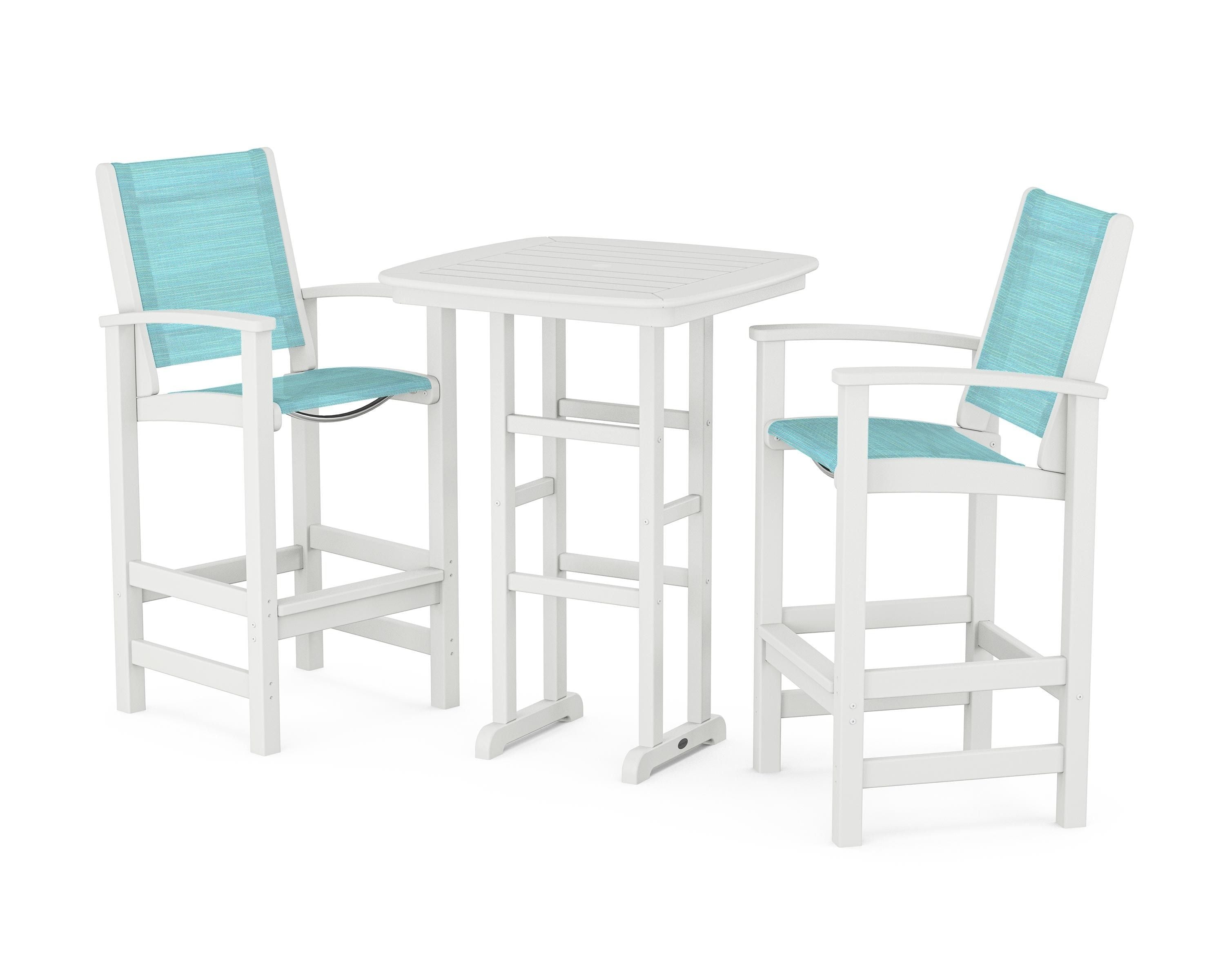 POLYWOOD® Coastal 3-Piece Bar Set in White / Dupioni Aquamarine Sling