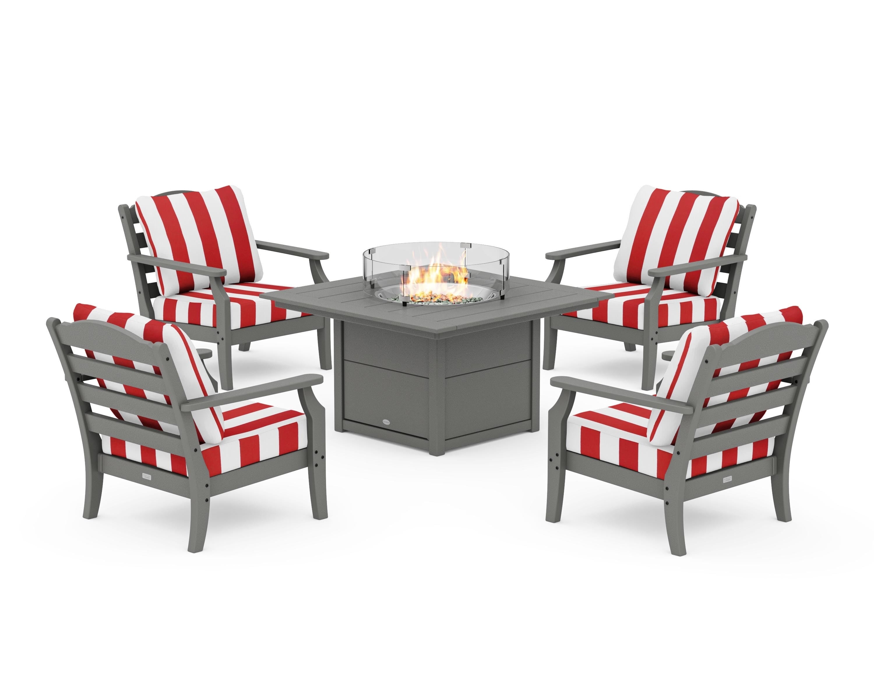 Draper James™ by POLYWOOD® Savannah 5-Piece Deep Seating Set with Fire Pit Table in Slate Grey / Cabana Stripe Crimson