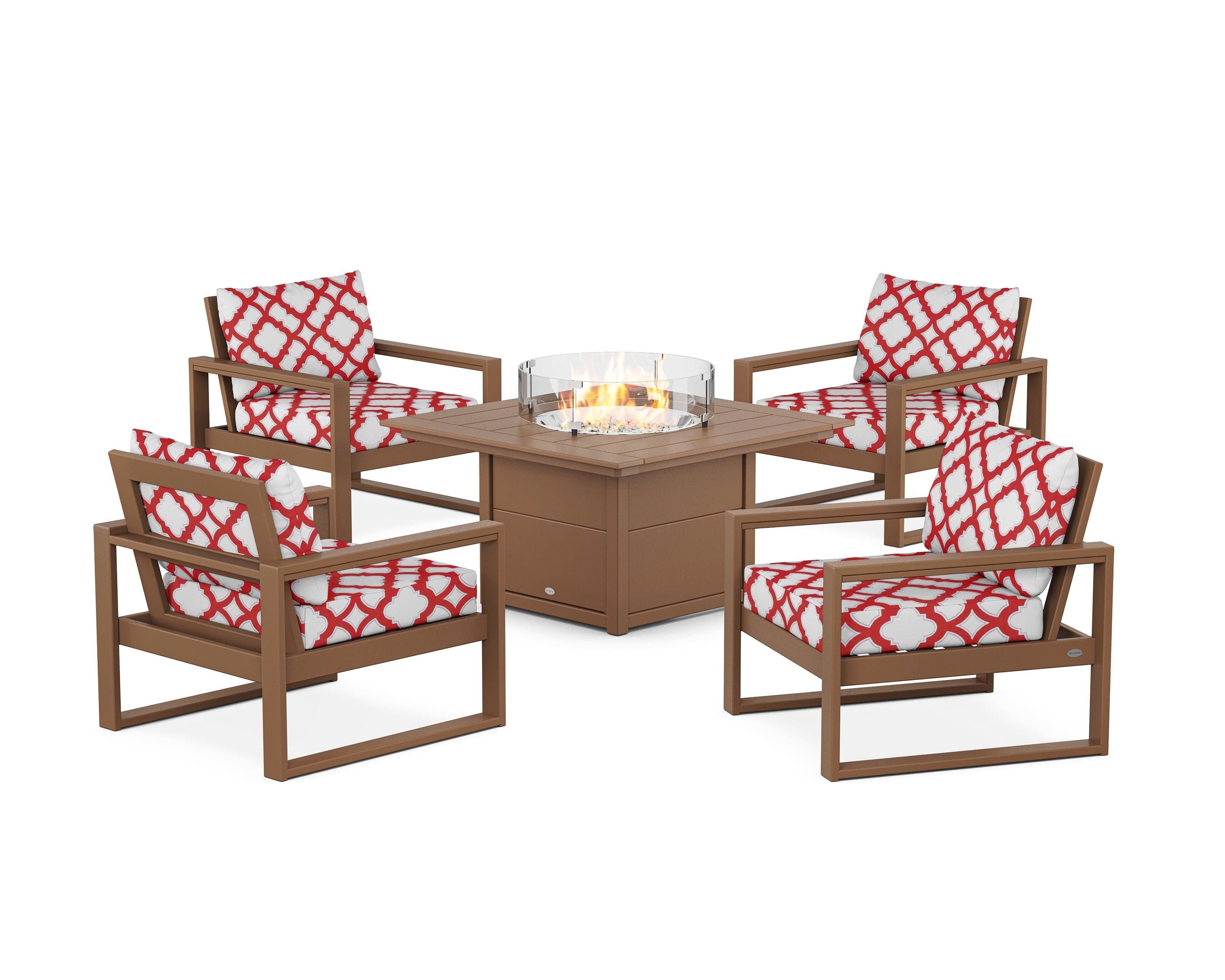 POLYWOOD® EDGE Sectional 5-Piece Deep Seating Set with Fire Pit Table in Teak / Trellis Crimson
