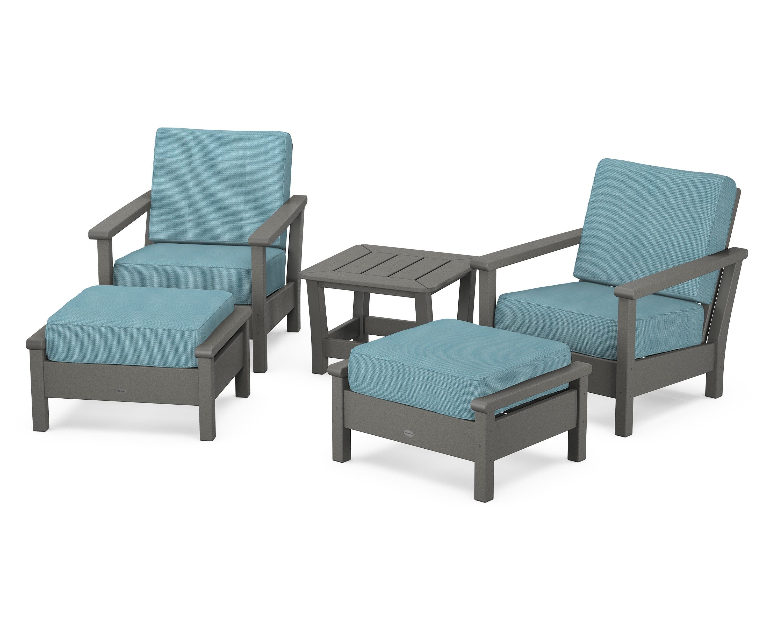POLYWOOD® Harbour 5-Piece Deep Seating Chair Set in Slate Grey / Lattice Sky Blue