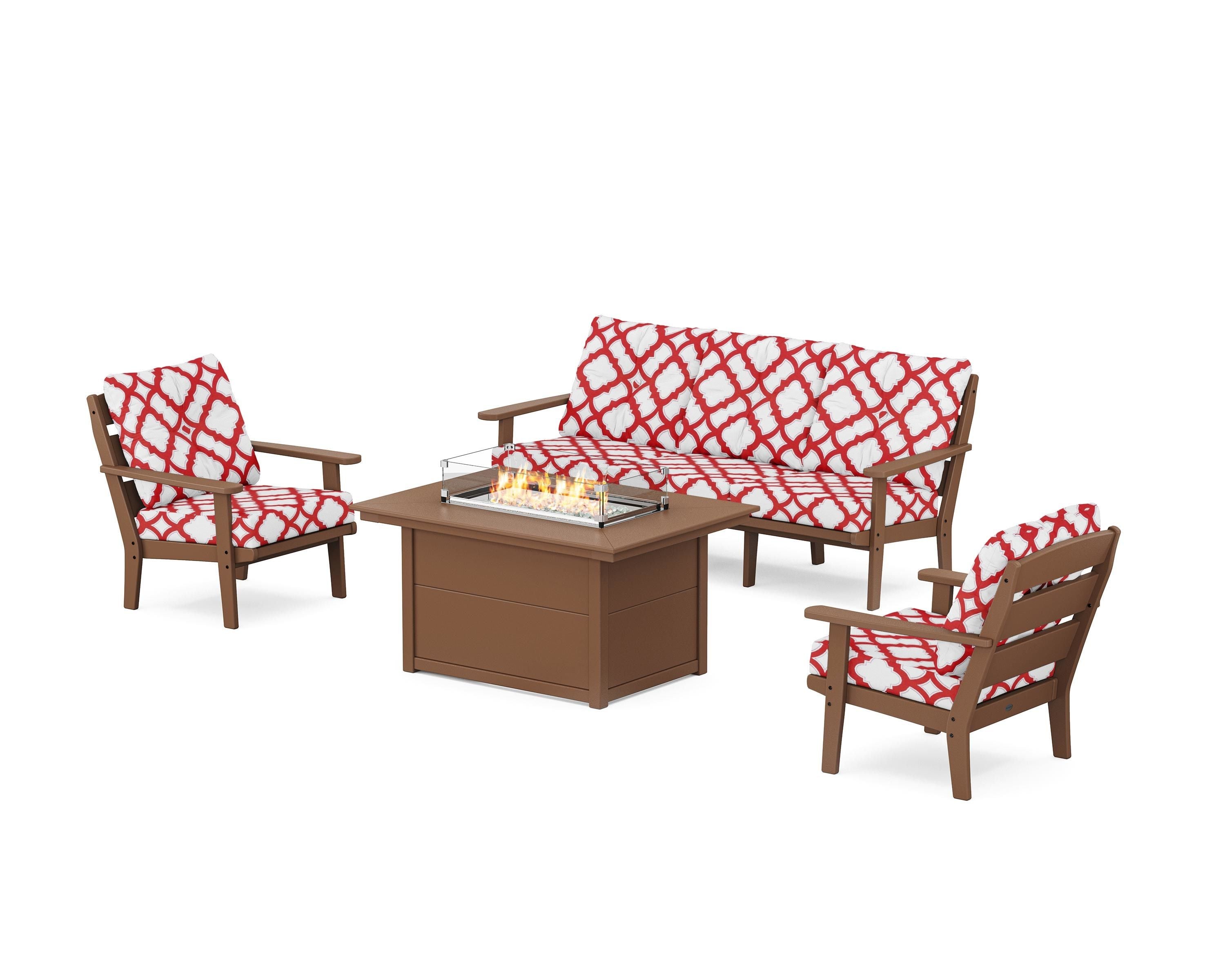 POLYWOOD® Lakeside Deep Seating Fire Pit Table Set in Teak / Trellis Crimson