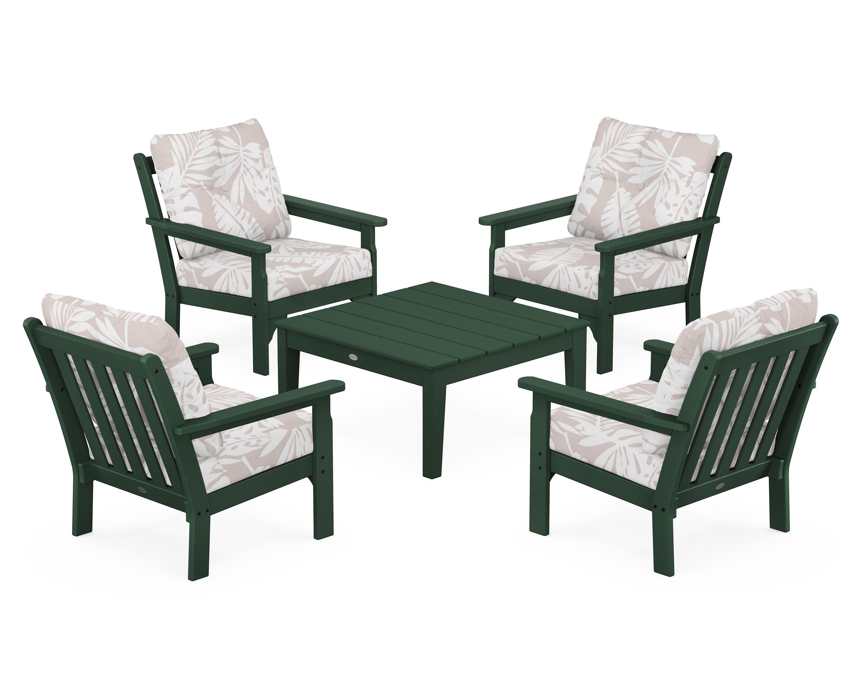 POLYWOOD® Vineyard 5-Piece Deep Seating Conversation Set in Green / Leaf Dune Burlap