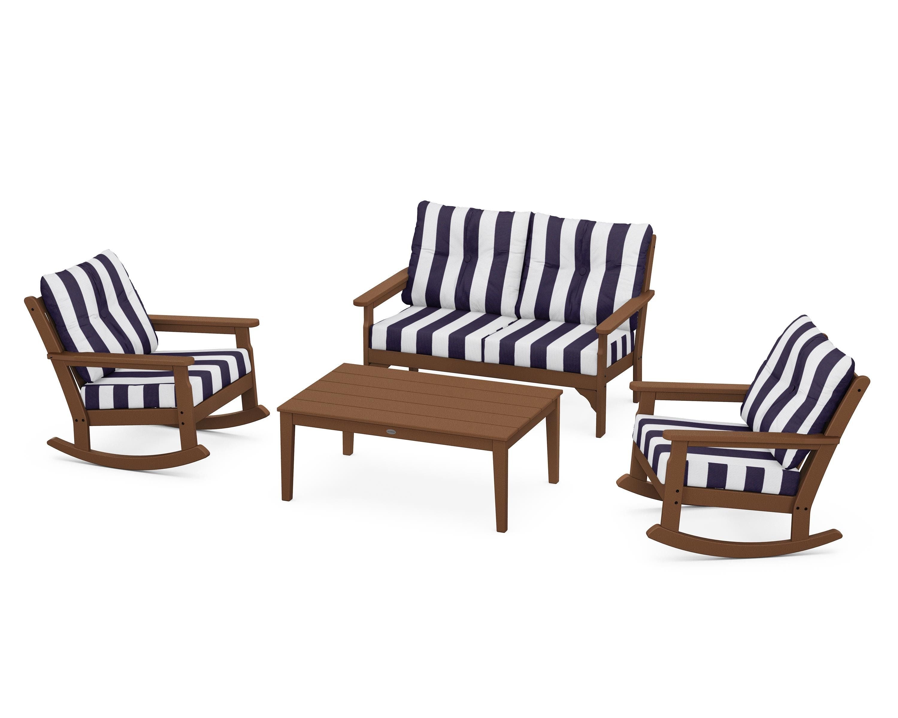 POLYWOOD® Vineyard 4-Piece Deep Seating Rocking Chair Set in Teak / Cabana Stripe Navy