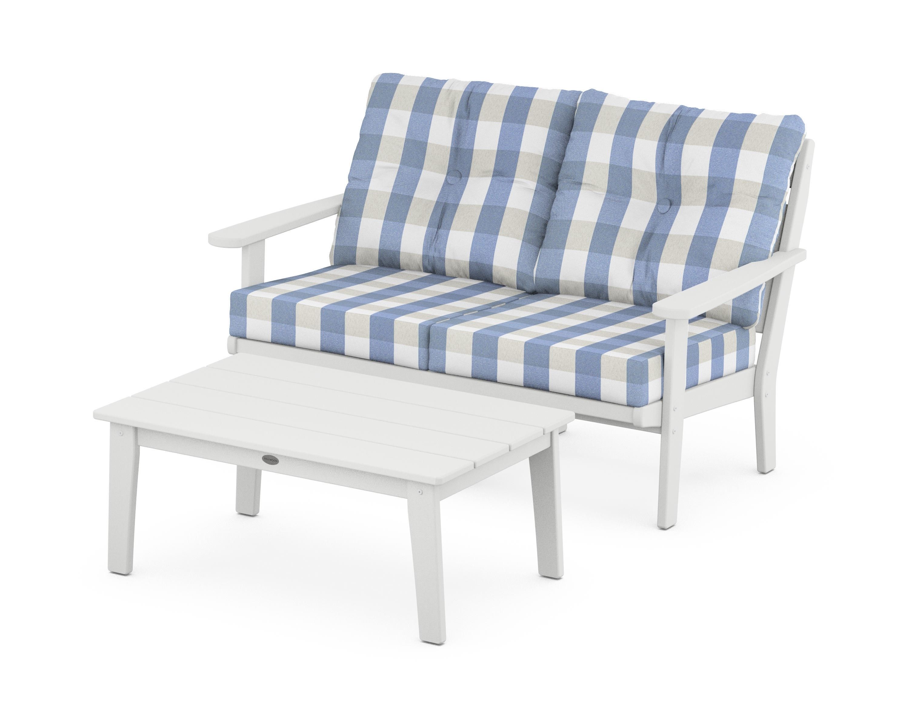 POLYWOOD® Lakeside 2-Piece Lounge Loveseat Set in White / Buffalo Plaid Sky Blue