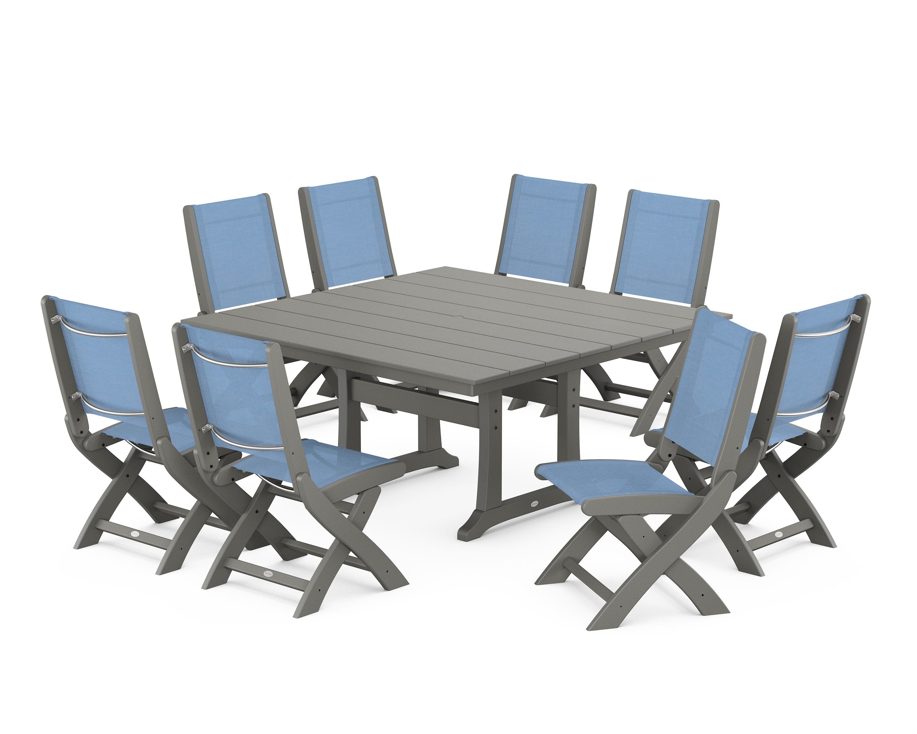 POLYWOOD® Coastal Folding Side Chair 9-Piece Farmhouse Dining Set in Slate Grey / Poolside Sling