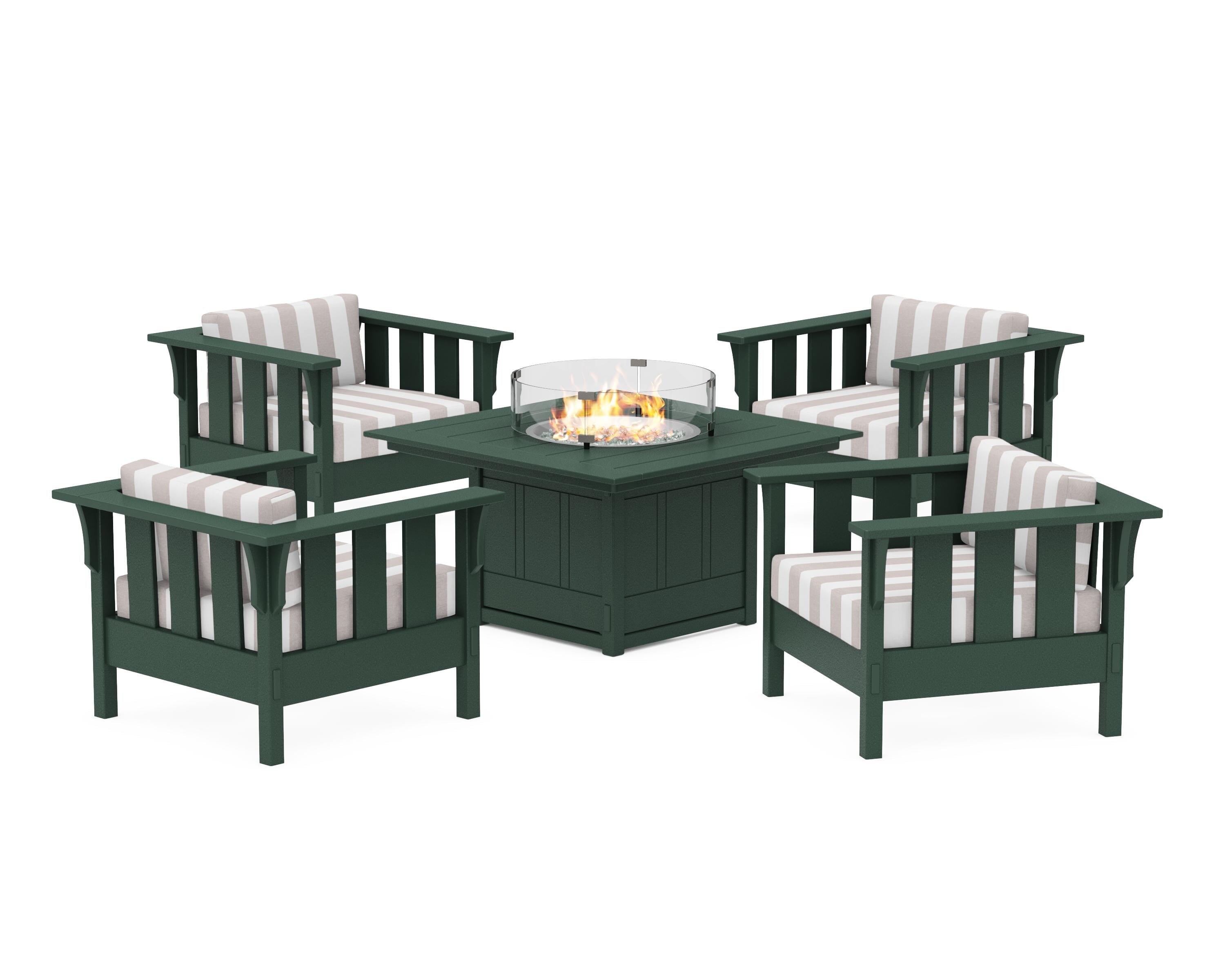 Martha Stewart by POLYWOOD® Acadia 5-Piece Deep Seating Set with Fire Pit Table in Green / Cabana Stripe Dune Burlap