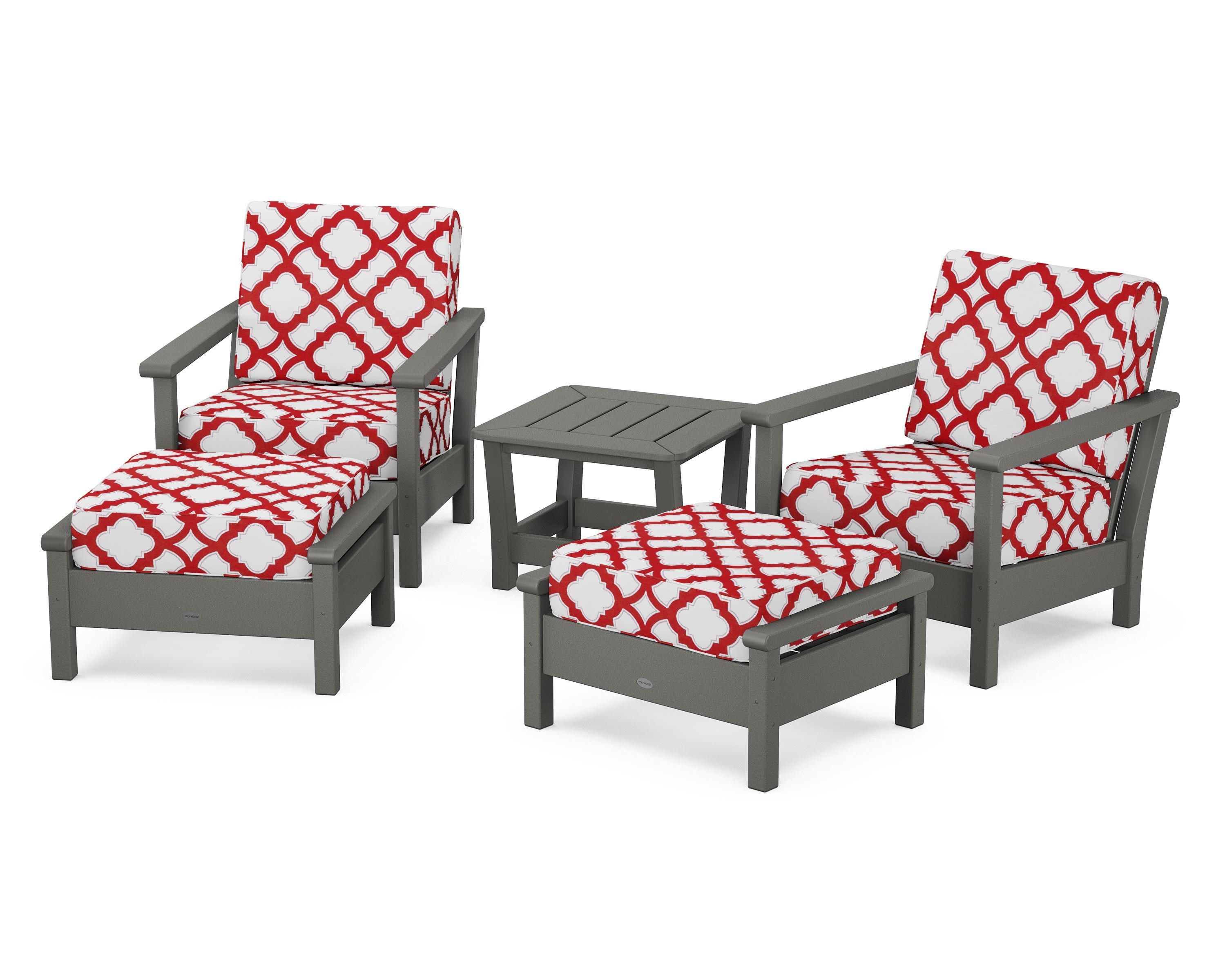 POLYWOOD® Harbour 5-Piece Deep Seating Chair Set in Slate Grey / Trellis Crimson
