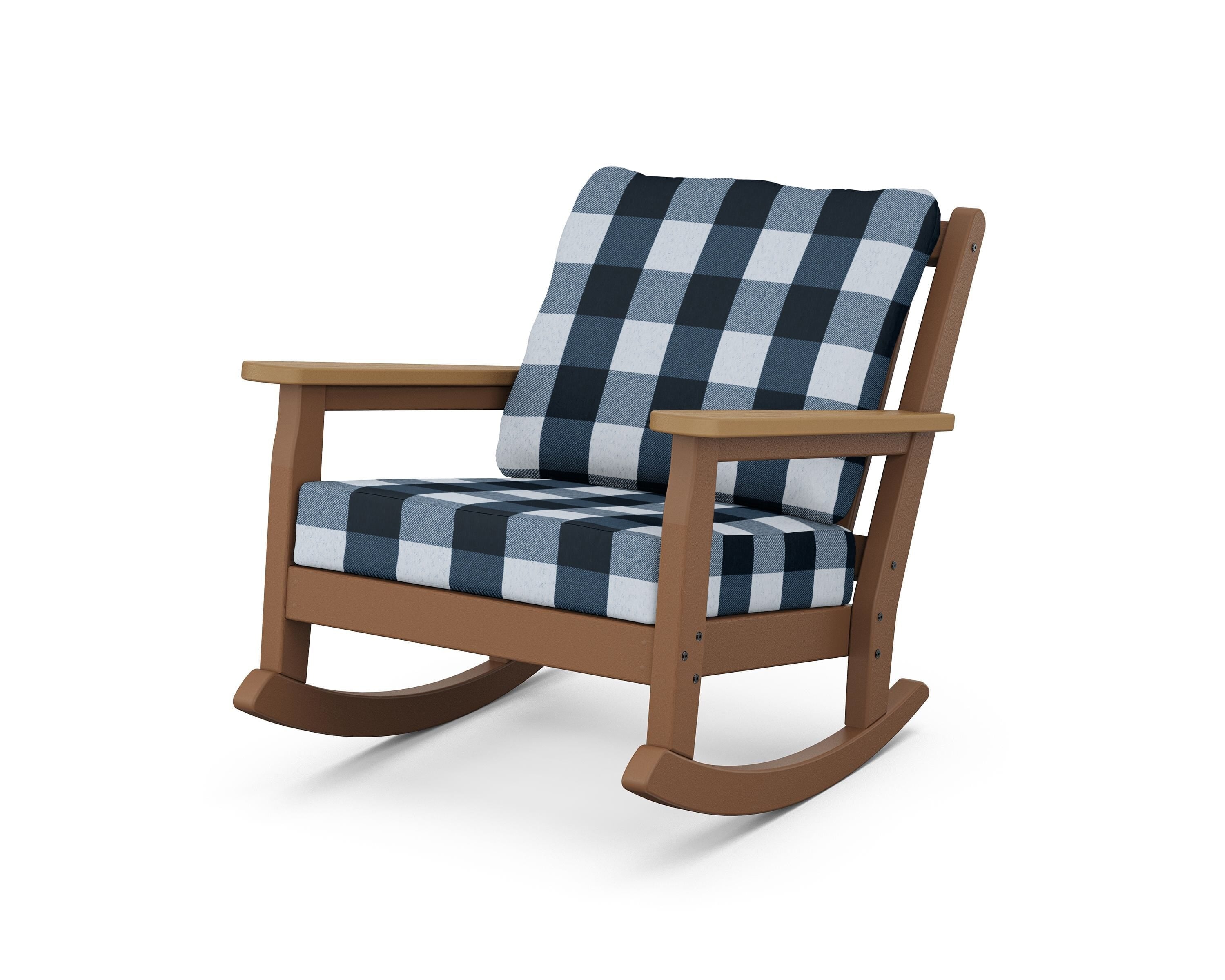 POLYWOOD® Chippendale Deep Seating Rocking Chair in Teak / Natural / Buffalo Plaid Marine Indigo