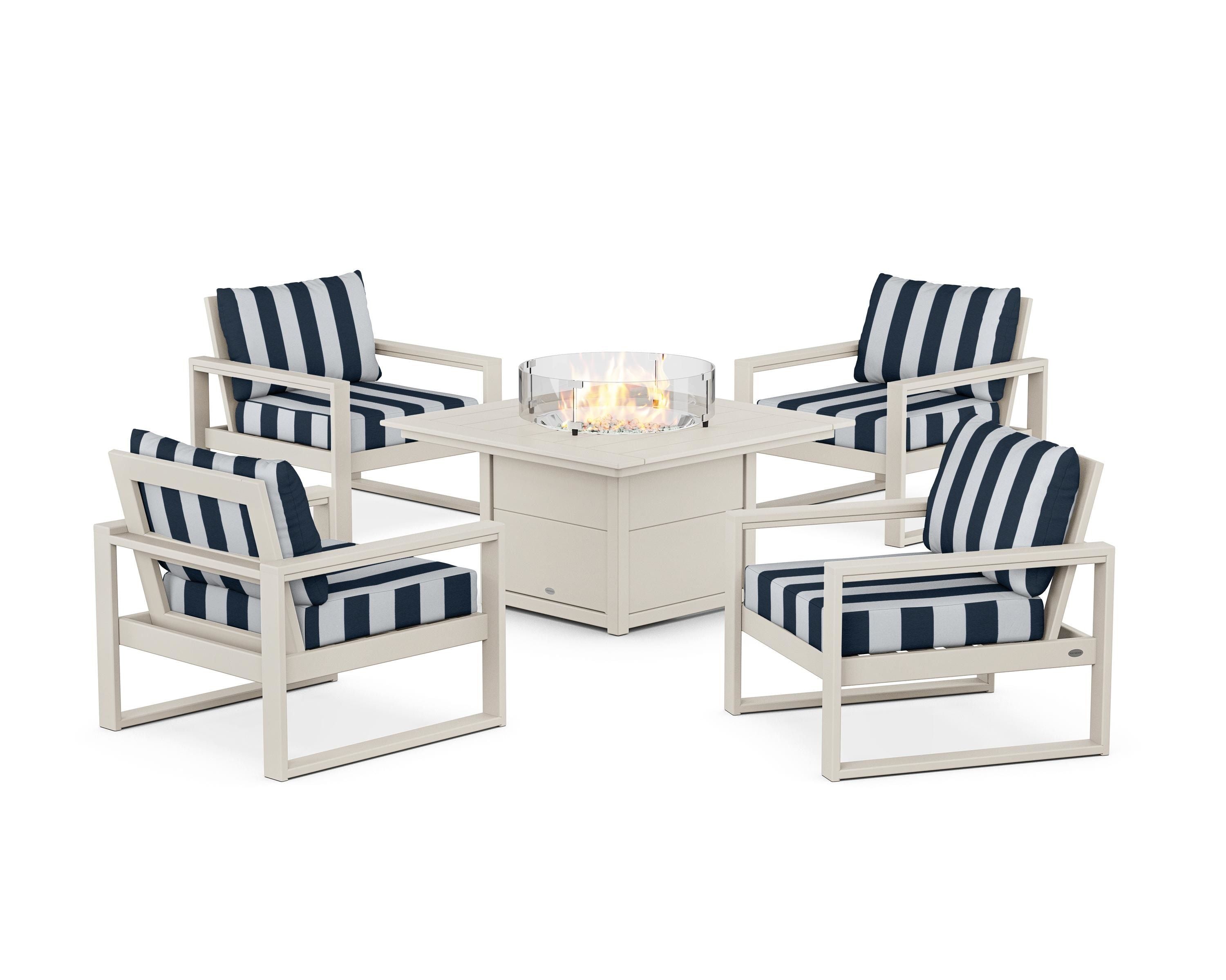 POLYWOOD® EDGE Sectional 5-Piece Deep Seating Set with Fire Pit Table in Sand / Cabana Stripe Marine Indigo