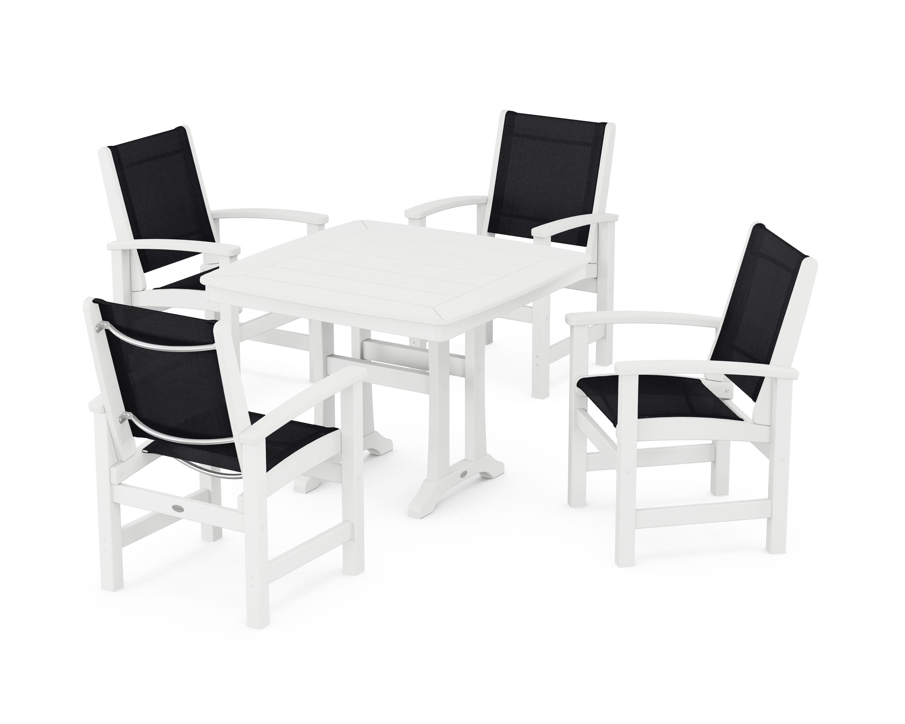 POLYWOOD® Coastal 5-Piece Dining Set with Trestle Legs in White / Black Sling