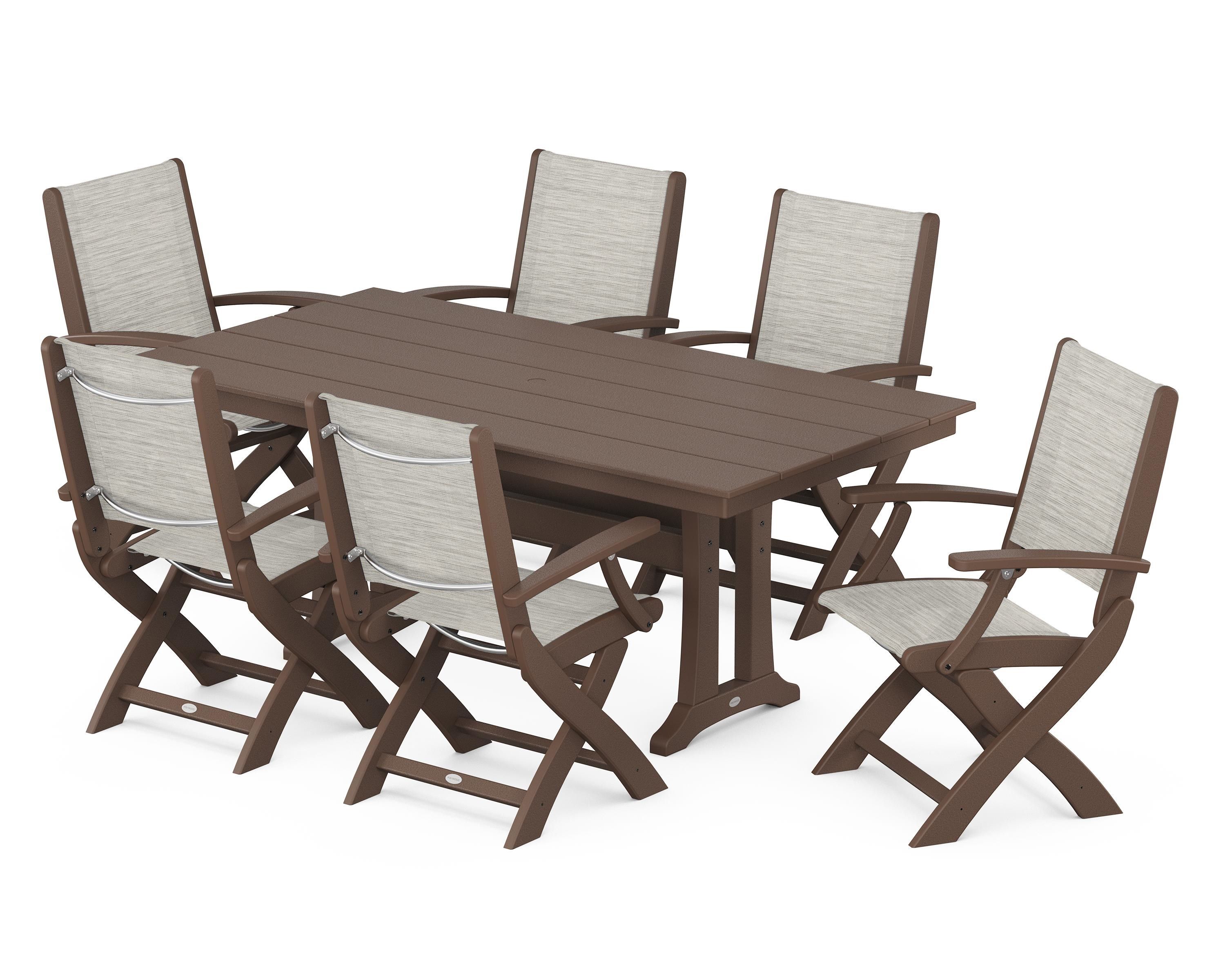 POLYWOOD® Coastal Folding Arm Chair 7-Piece Farmhouse Dining Set with Trestle Legs in Mahogany / Birch Sling