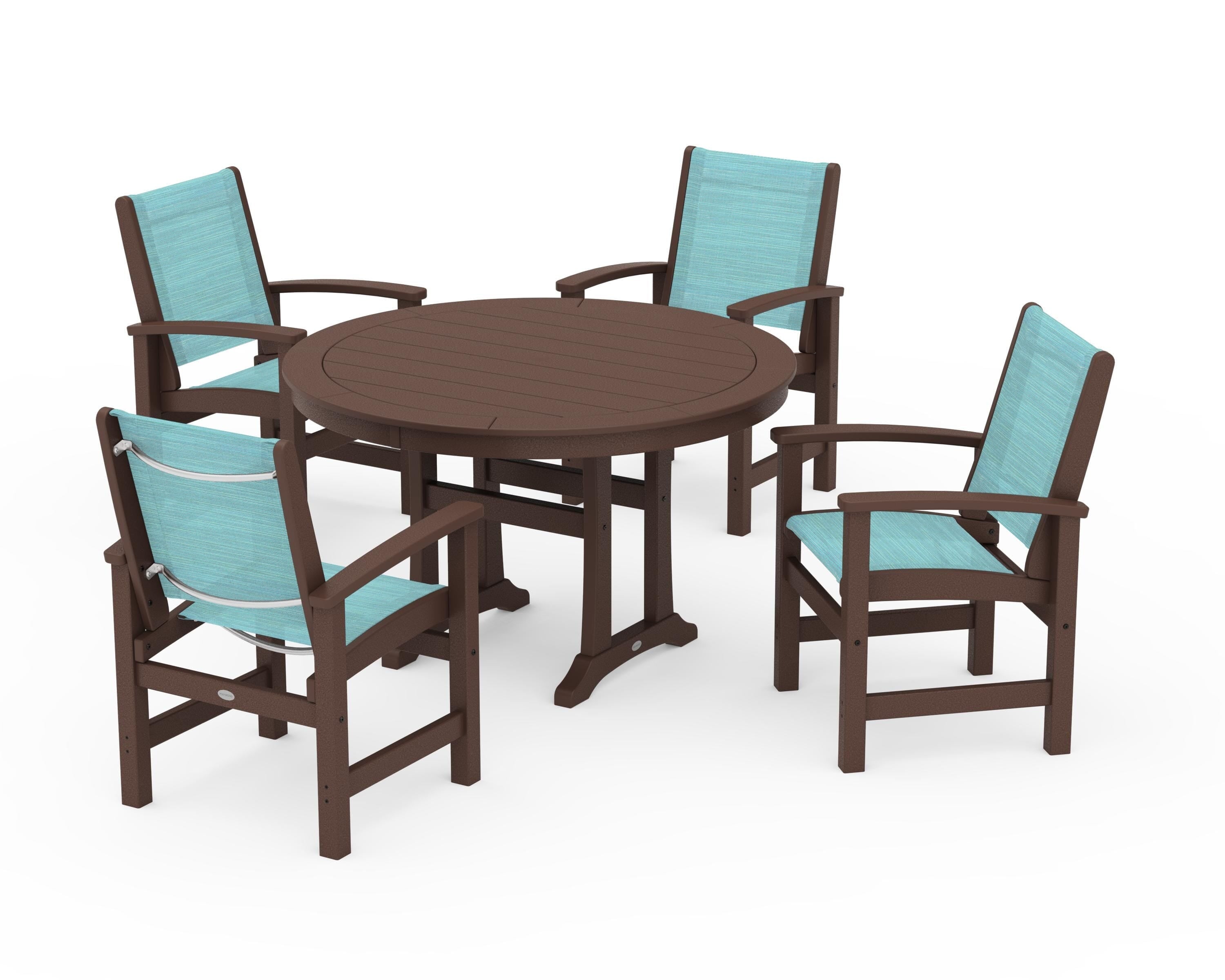 POLYWOOD® Coastal 5-Piece Round Dining Set with Trestle Legs in Mahogany / Dupioni Aquamarine Sling