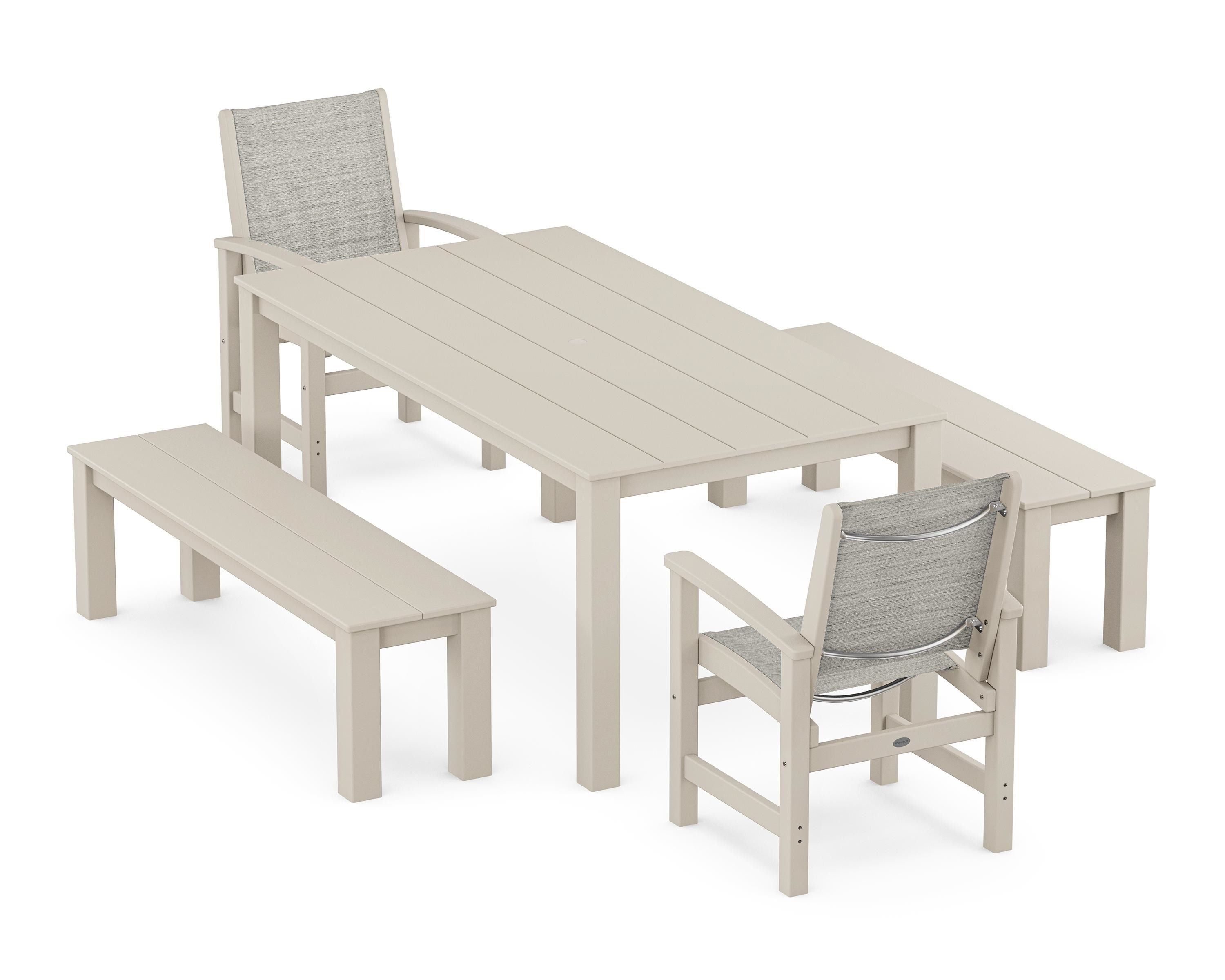 POLYWOOD® Coastal 5-Piece Parsons Dining Set with Benches in Sand / Birch Sling