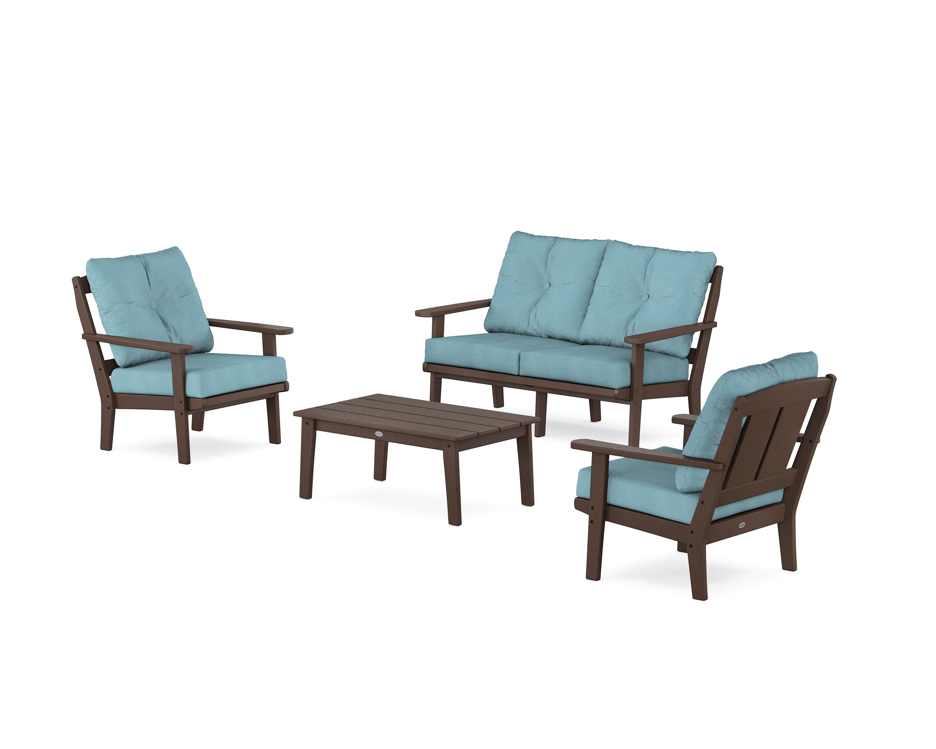POLYWOOD® Mission 4-Piece Deep Seating Set with Loveseat in Mahogany / Lattice Sky Blue