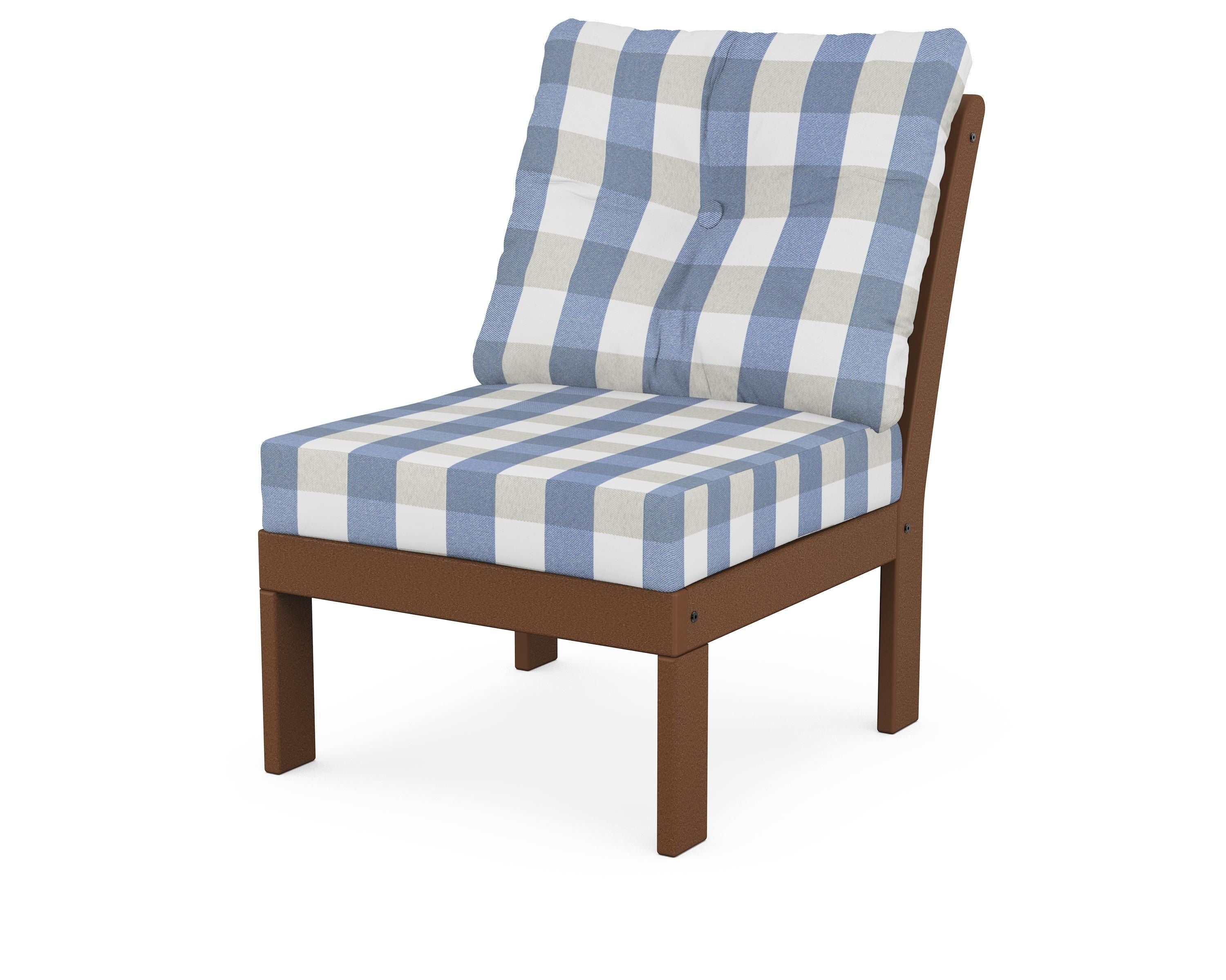 POLYWOOD® Vineyard Modular Armless Chair in Teak / Buffalo Plaid Sky Blue