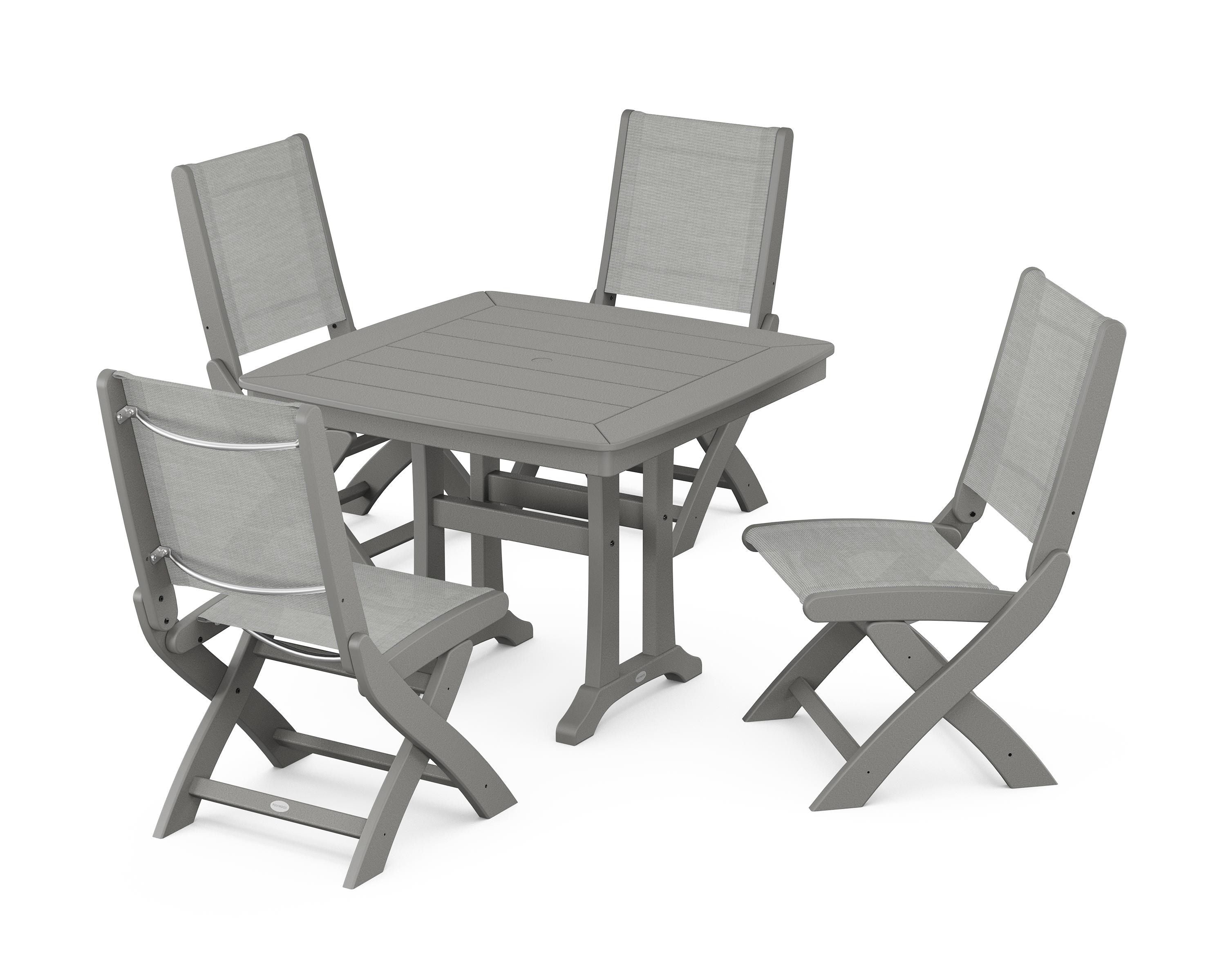 POLYWOOD® Coastal Folding Side Chair 5-Piece Dining Set with Trestle Legs in Slate Grey / Metallic Sling