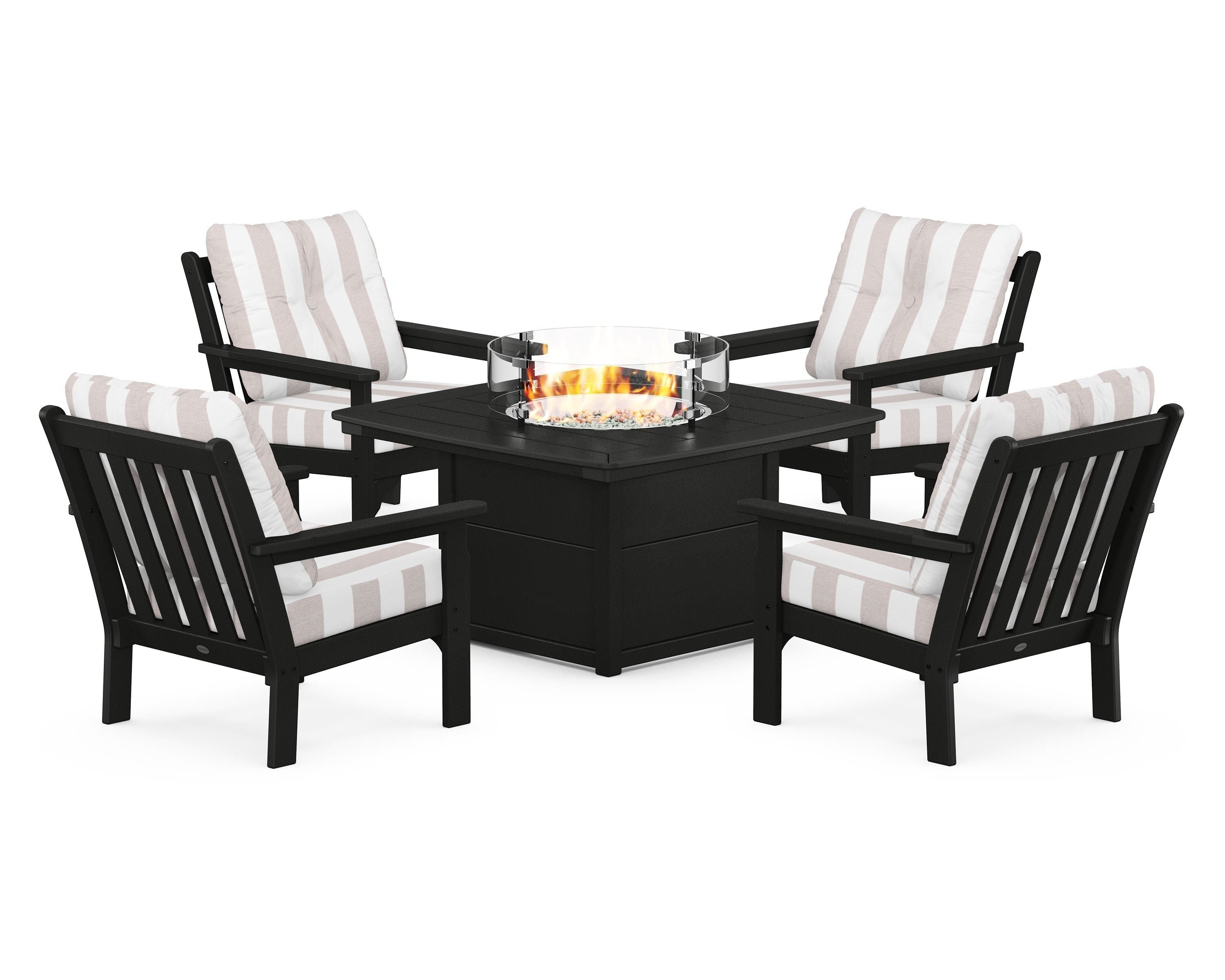 POLYWOOD® Vineyard 5-Piece Conversation Set with Fire Pit Table in Black / Cabana Stripe Dune Burlap