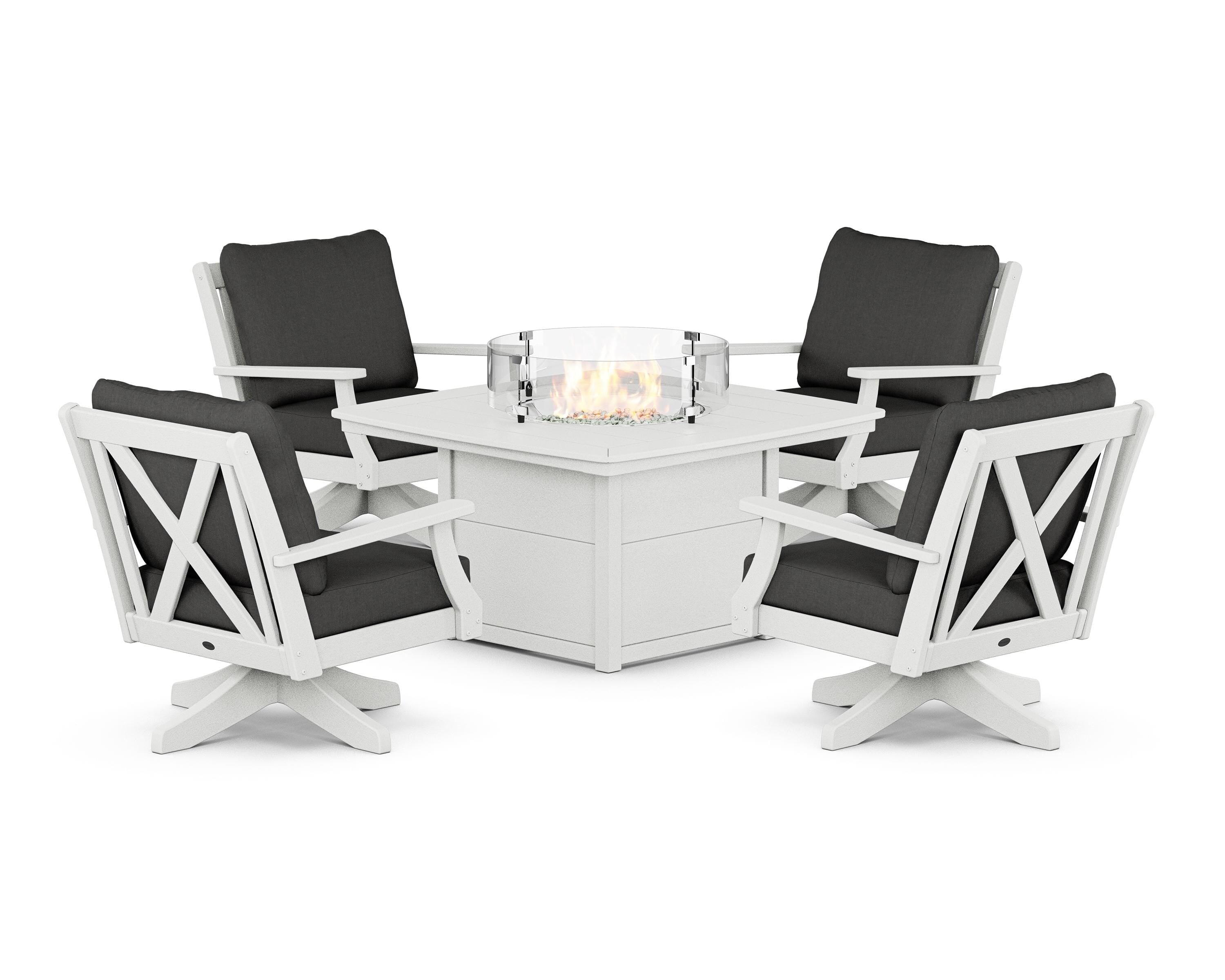 POLYWOOD® Braxton 5-Piece Deep Seating Swivel Conversation Set with Fire Pit Table in Vintage White / Spectrum Carbon