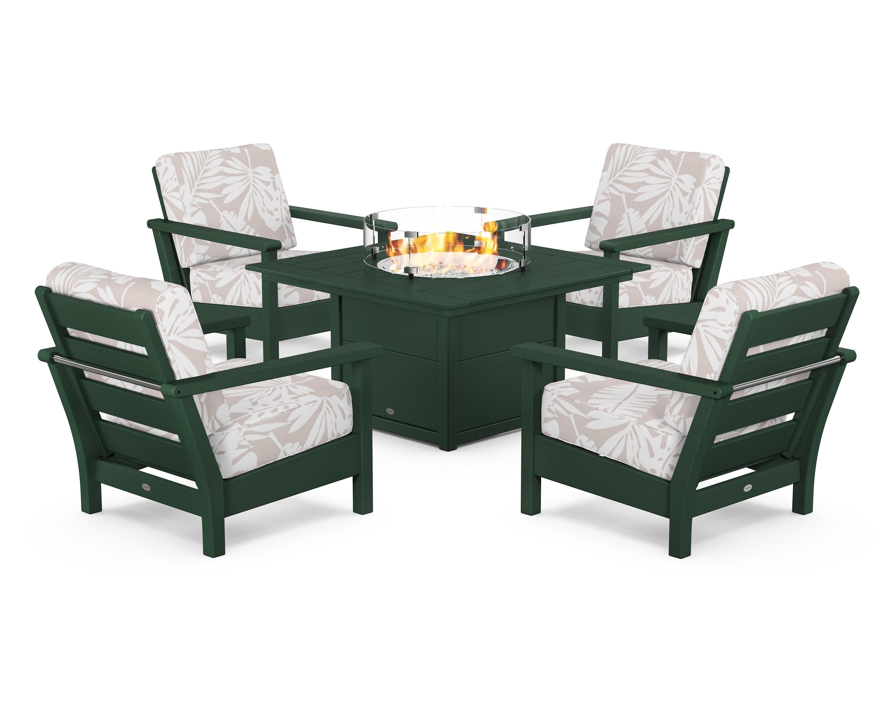 POLYWOOD® Harbour 5-Piece Conversation Set with Fire Pit Table in Green / Leaf Dune Burlap