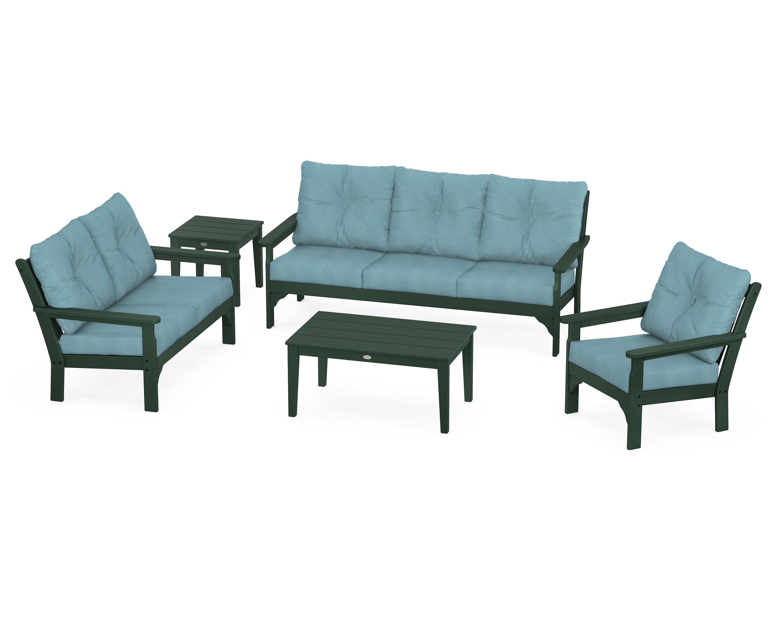 POLYWOOD® Vineyard 5 Piece Deep Seating Set in Green / Lattice Sky Blue