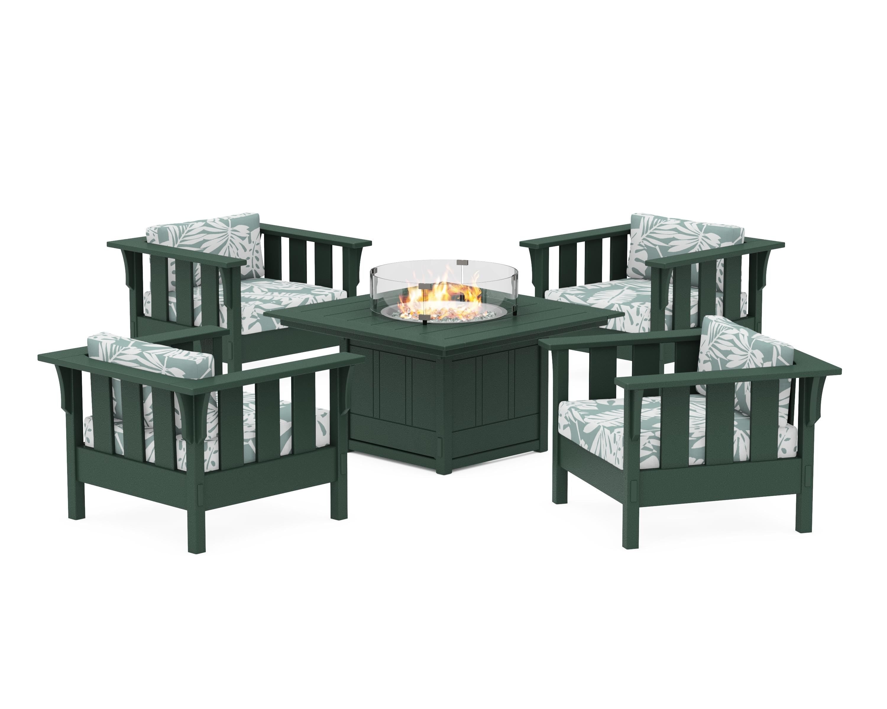 Martha Stewart by POLYWOOD® Acadia 5-Piece Deep Seating Set with Fire Pit Table in Green / Leaf Glacier Spa