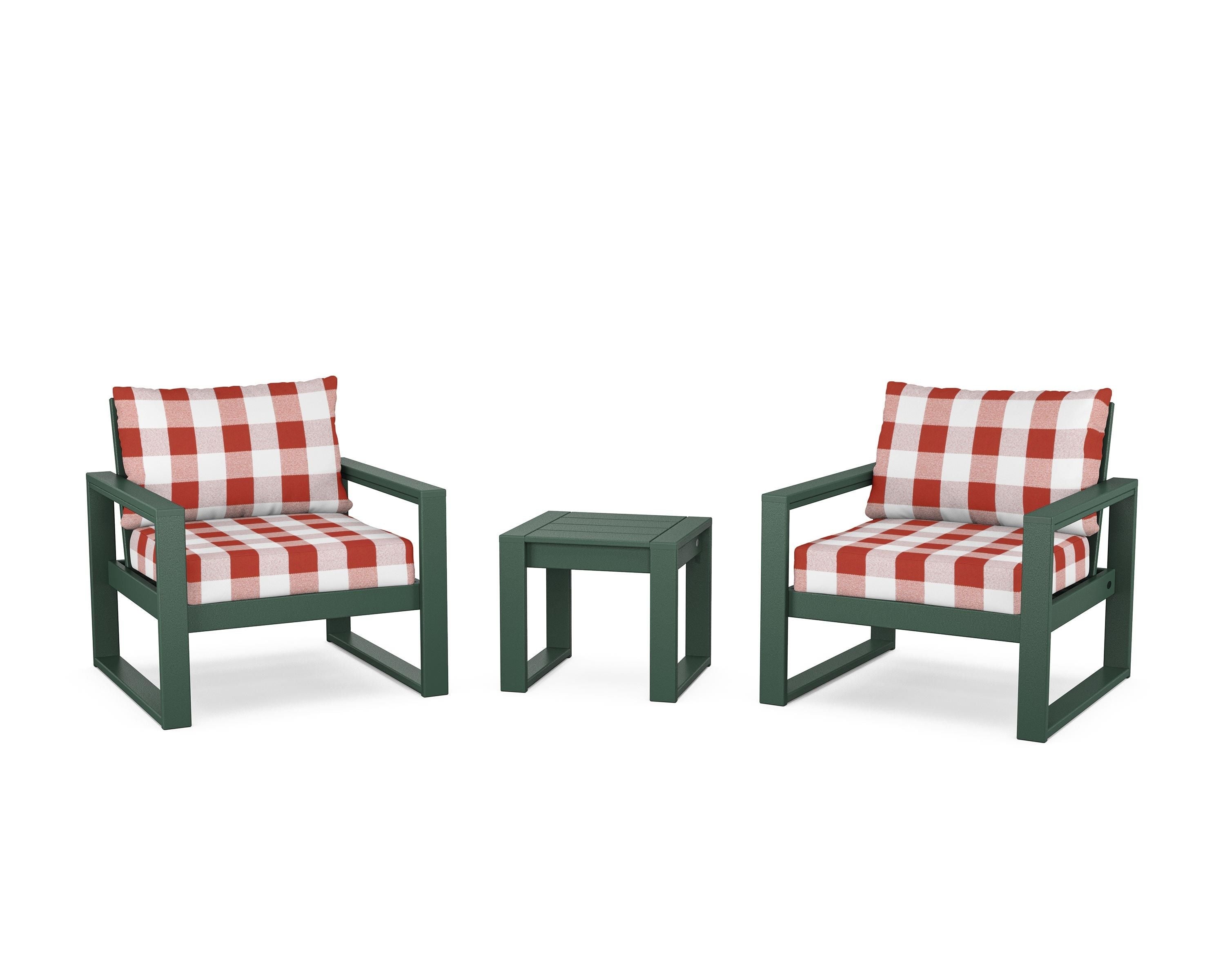POLYWOOD® EDGE Sectional 3-Piece Deep Seating Set in Green / Buffalo Plaid Crimson
