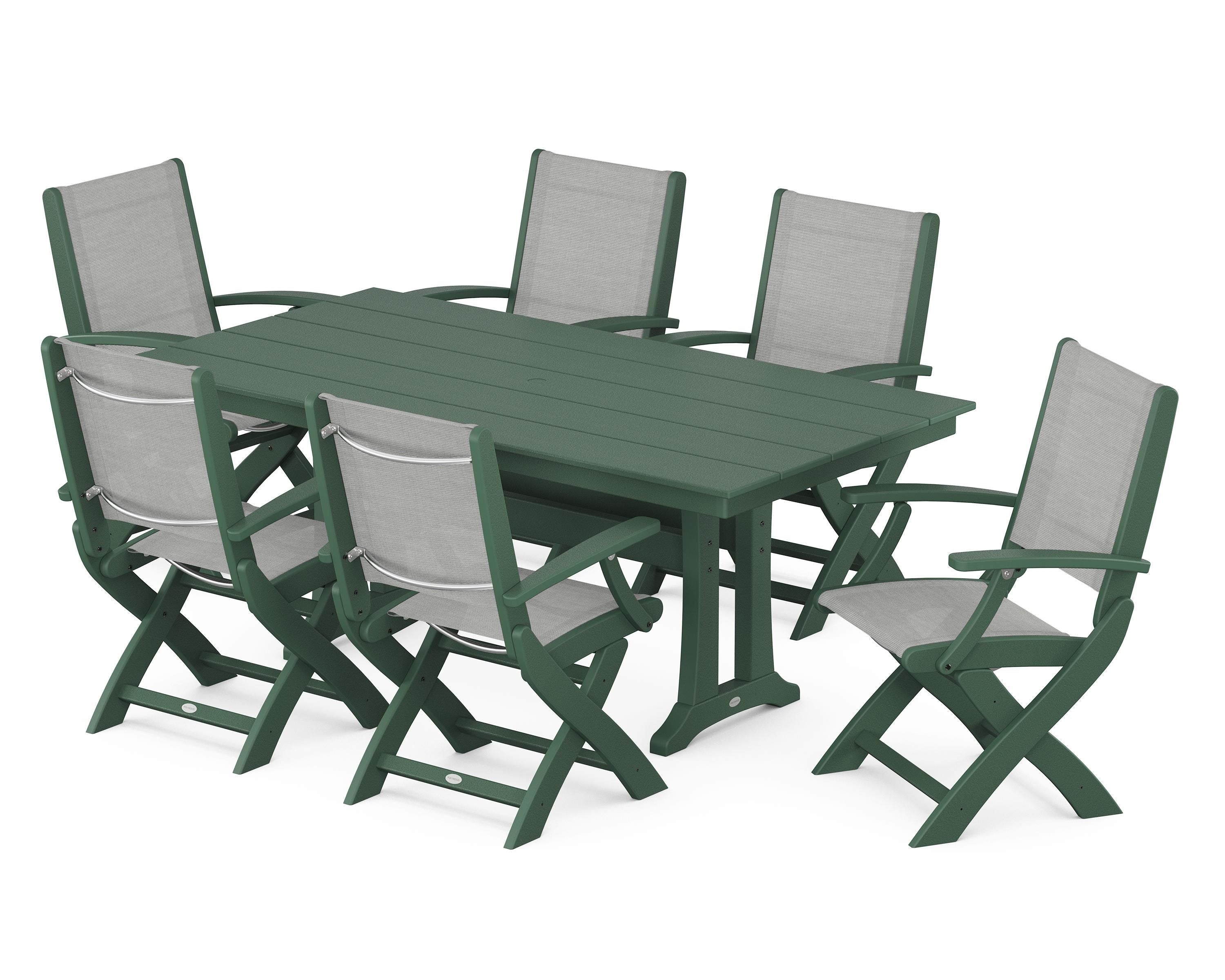 POLYWOOD® Coastal Folding Arm Chair 7-Piece Farmhouse Dining Set with Trestle Legs in Green / Metallic Sling