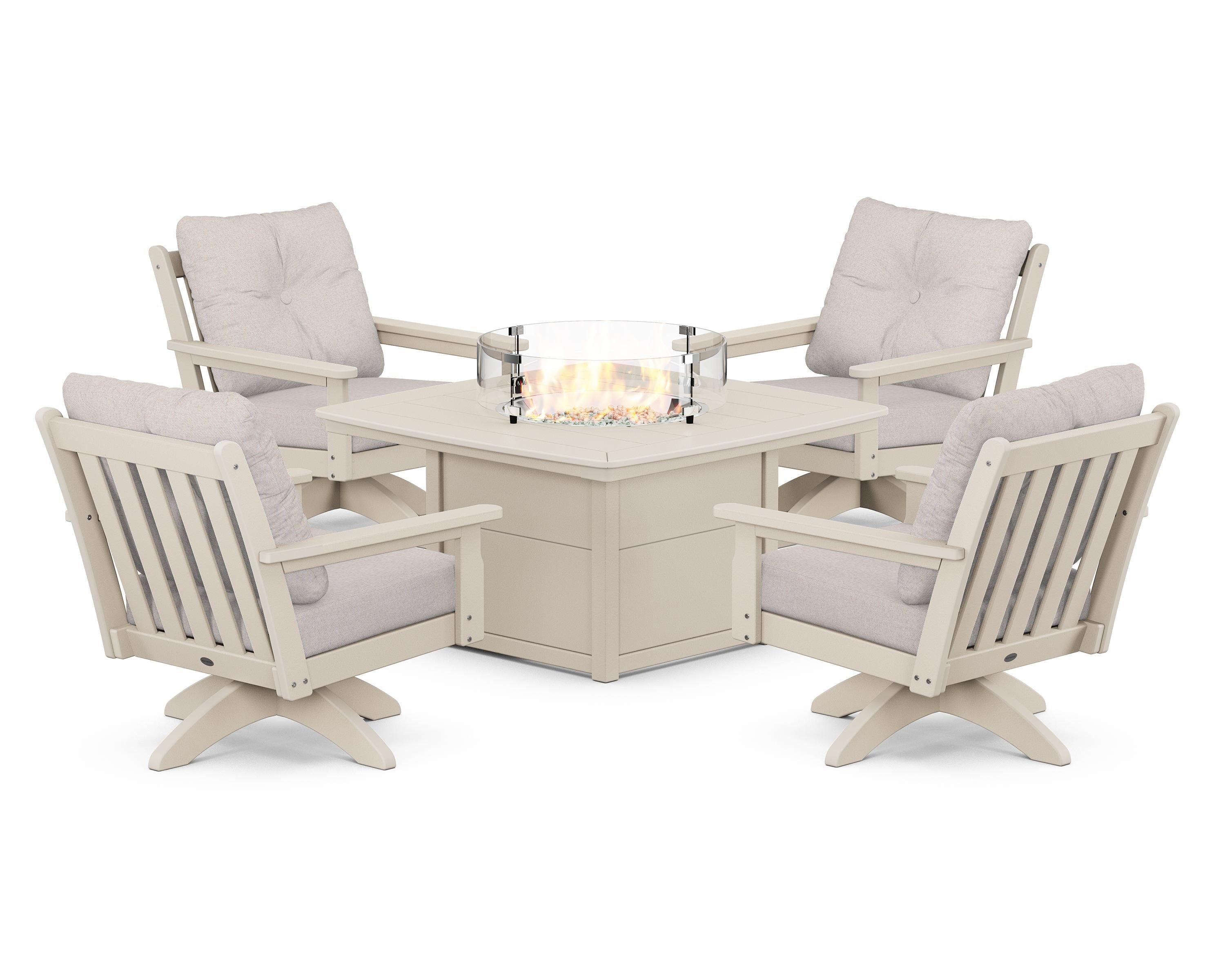 POLYWOOD® Vineyard 5-Piece Deep Seating Swivel Conversation Set with Fire Pit Table in Sand / Dune Burlap