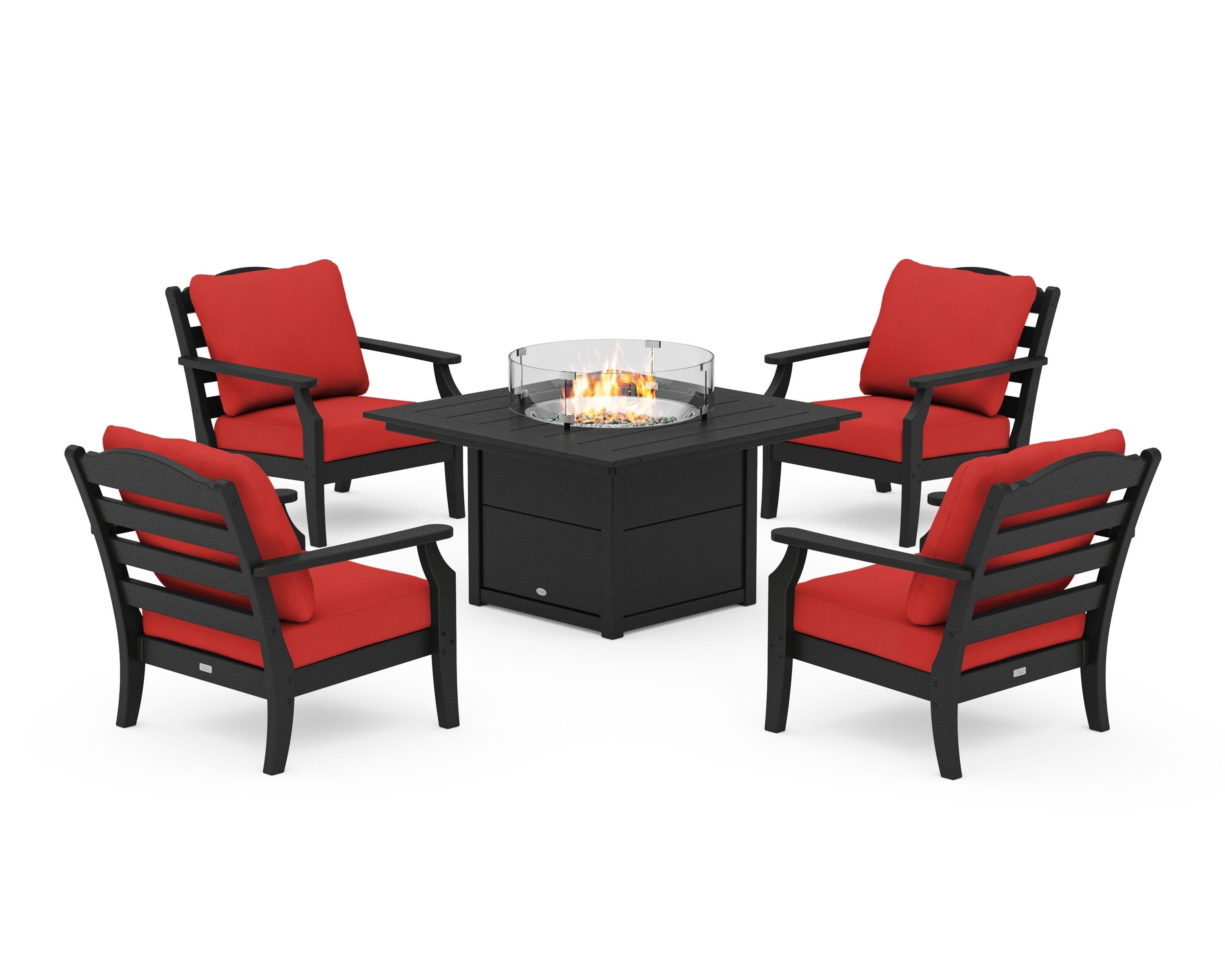 Draper James™ by POLYWOOD® Savannah 5-Piece Deep Seating Set with Fire Pit Table in Black / Crimson Linen