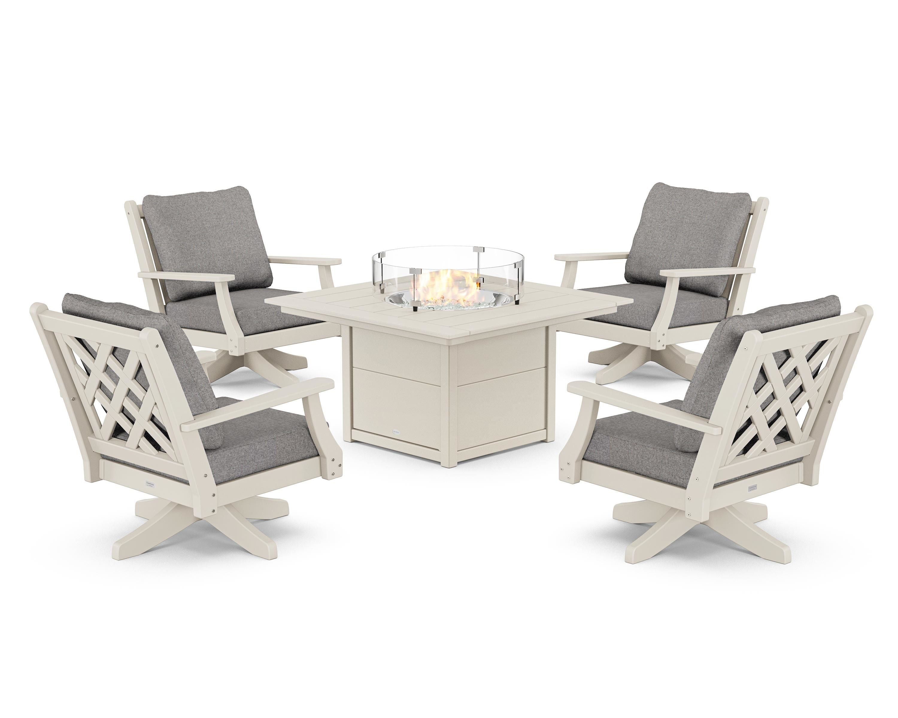 Country Living Wovendale 5-Piece Deep Seating Swivel Conversation Set with Fire Pit Table in Sand / Grey Mist