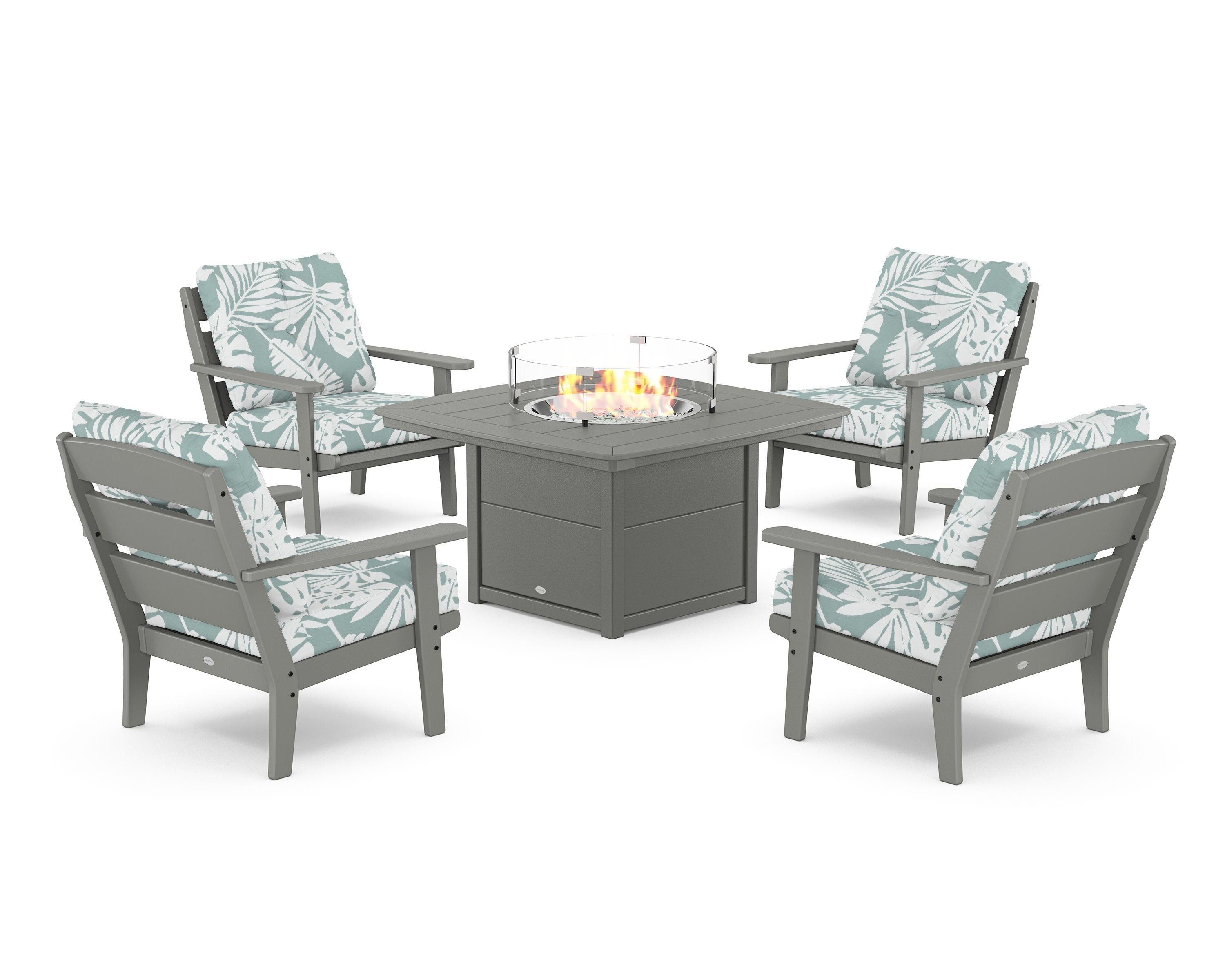 POLYWOOD® Lakeside 5-Piece Deep Seating Set with Nautical Fire Pit Table in Slate Grey / Leaf Glacier Spa