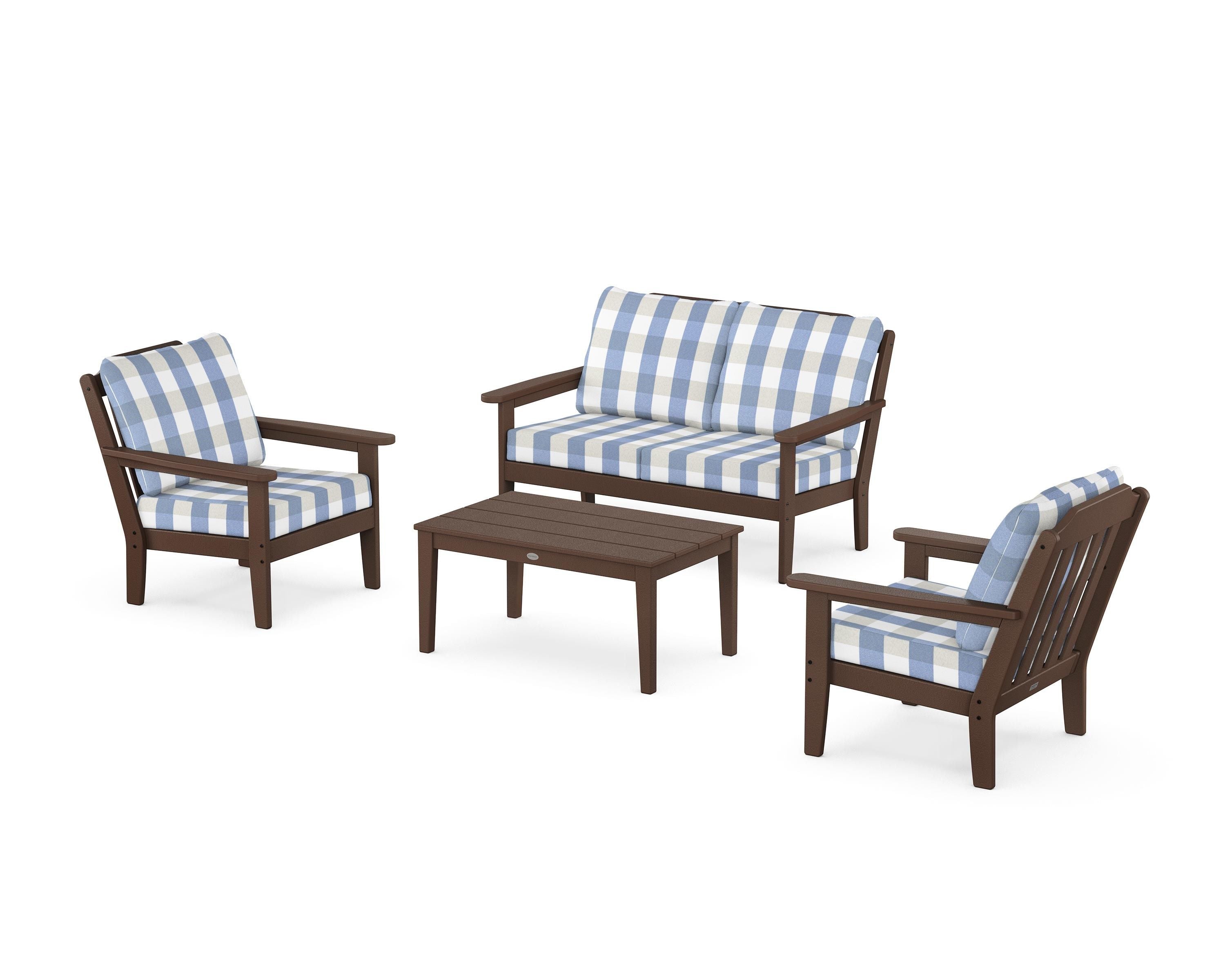 Country Living Cottage 4-Piece Deep Seating Set with Loveseat in Mahogany / Buffalo Plaid Sky Blue