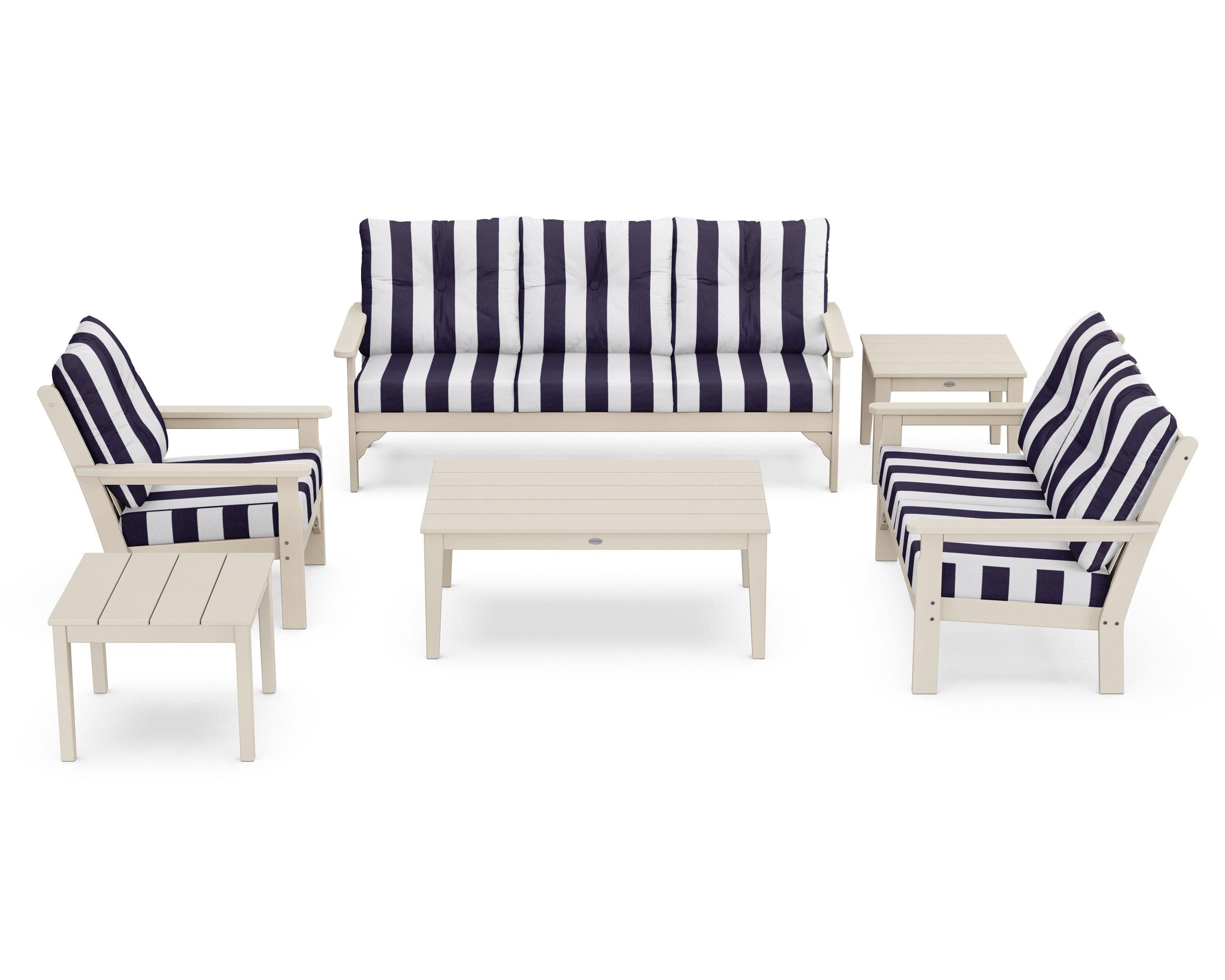 POLYWOOD® Vineyard 6-Piece Deep Seating Set in Sand / Cabana Stripe Navy