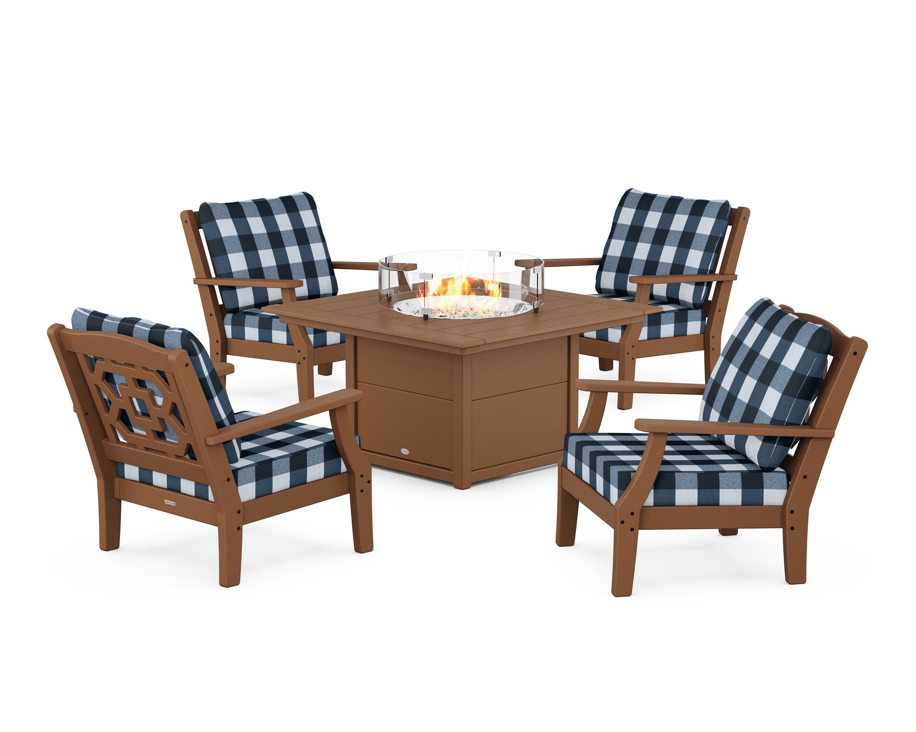 Martha Stewart by POLYWOOD® Chinoiserie 5-Piece Deep Seating Set with Fire Pit Table in Teak / Buffalo Plaid Marine Indigo