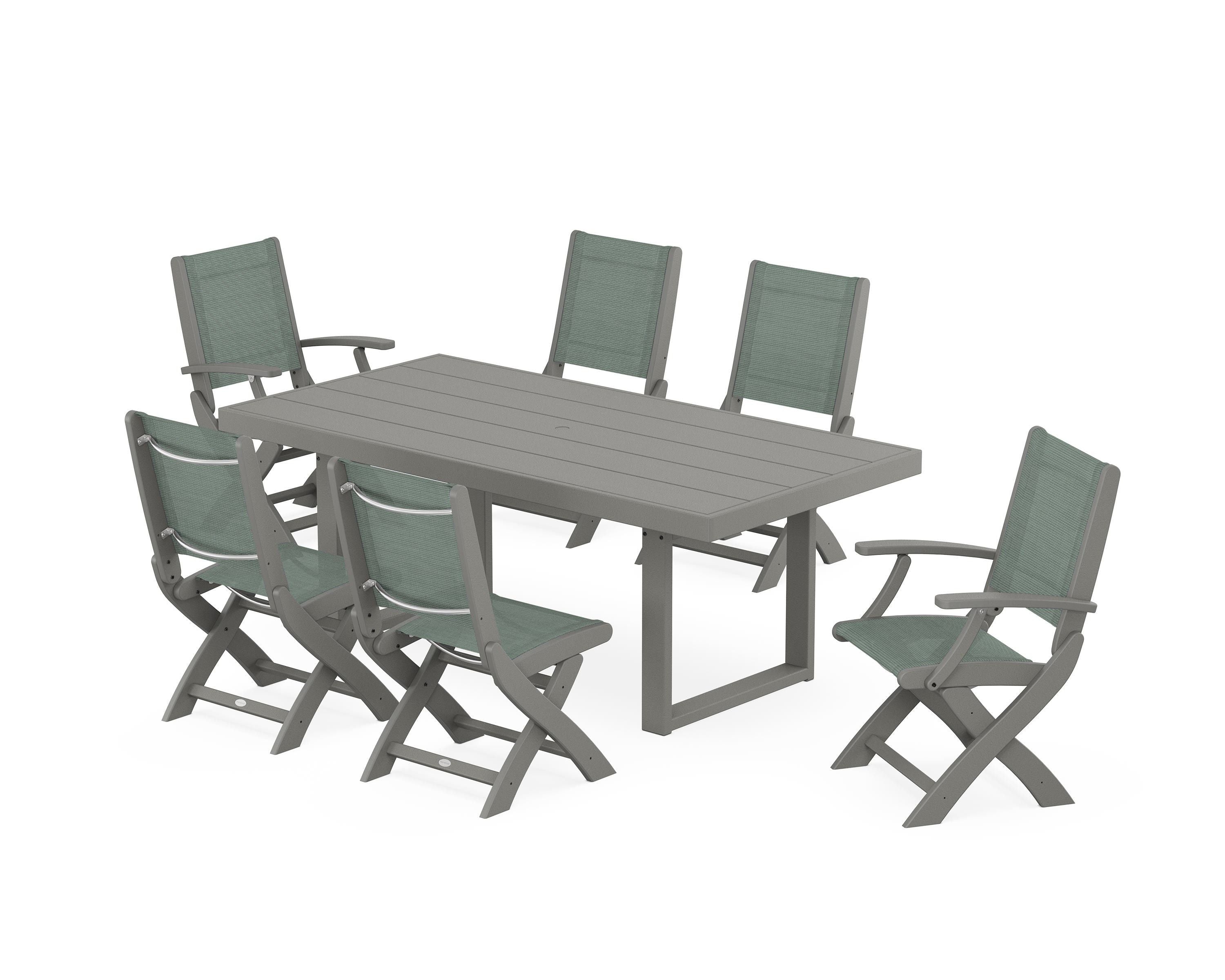 POLYWOOD® Coastal Folding Chair 7-Piece Dining Set with Trestle Legs in Slate Grey / Dupioni Sea Mist Sling