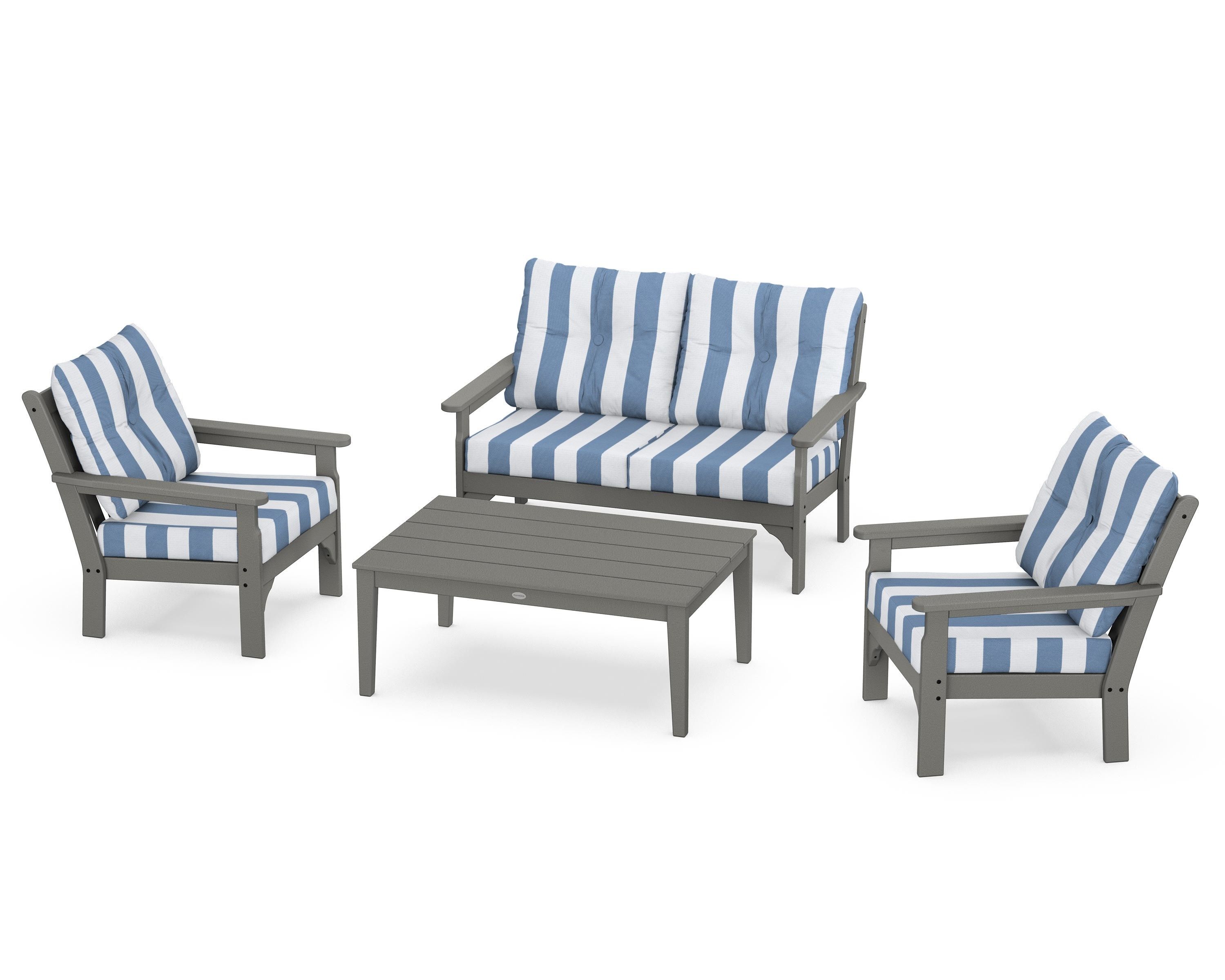 POLYWOOD® Vineyard 4-Piece Deep Seating Set in Slate Grey / Cabana Stripe Sky Blue